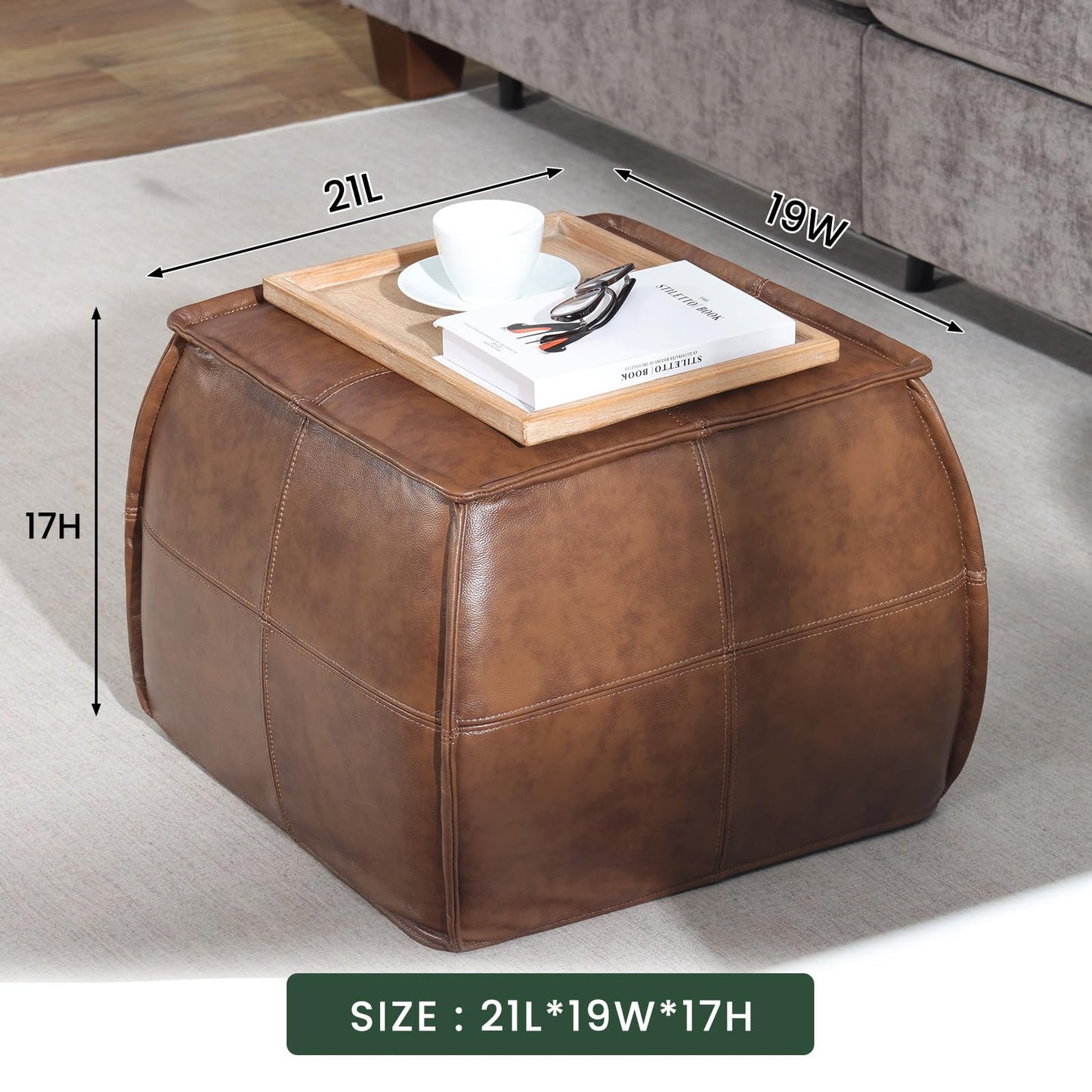Couchus Genuine Leather Square Pouf Ottoman Footstool for Living Room, Bedroom, Indoor (Brown)