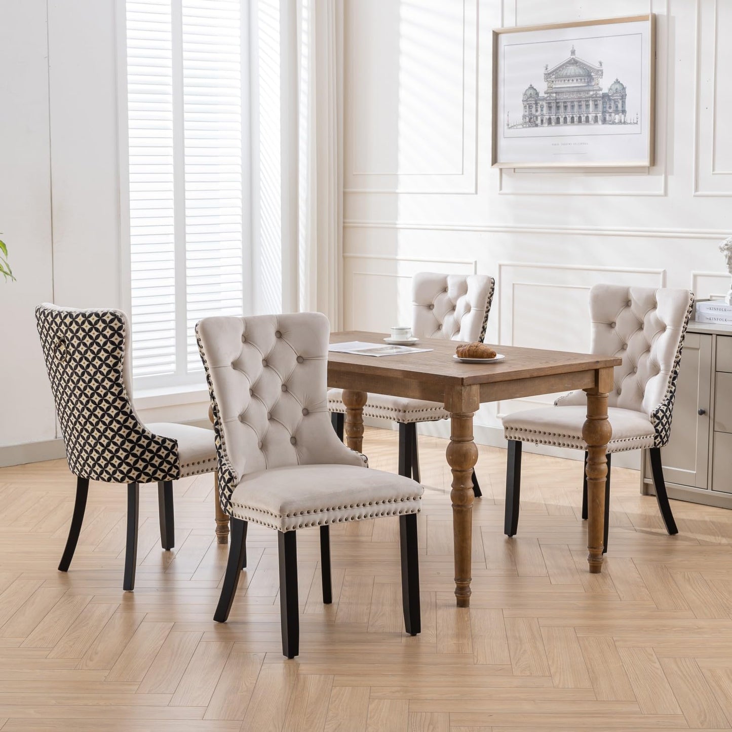 LKTART Velvet Dining Chairs Set of 6, Tufted Dining Room Chair with Nailhead Ring Pull Trim, Upholstered Dining Chair with Solid Wood Legs for Kitchen Dining Room Beige and Patterned