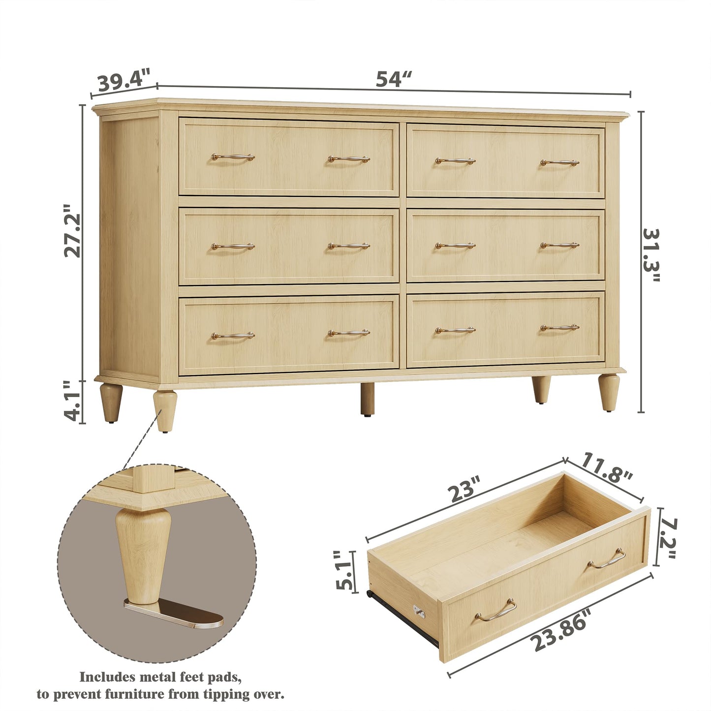 FLOWBACK 6 Drawer Dresser for Bedroom, 54" Wide Modern Wood Storage Chest of Drawers, Large Long Storage Dressers Organizer for Closet Bedroom Hallway