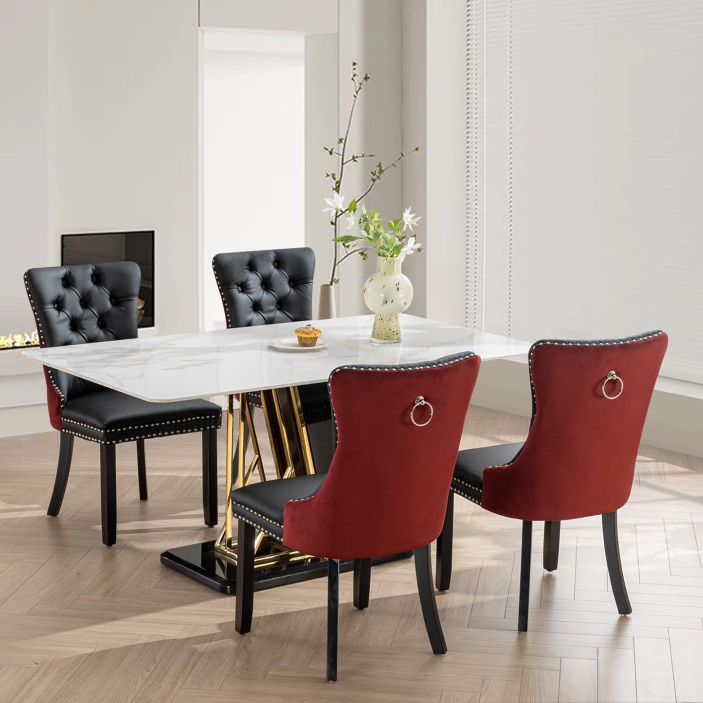 SoarFlash Leather Dining Chairs Set of 4, Tall Back Side Chair, Modern Upholstered Side Chair with Button Back Ring, Solid Wood Legs (Black&Red)