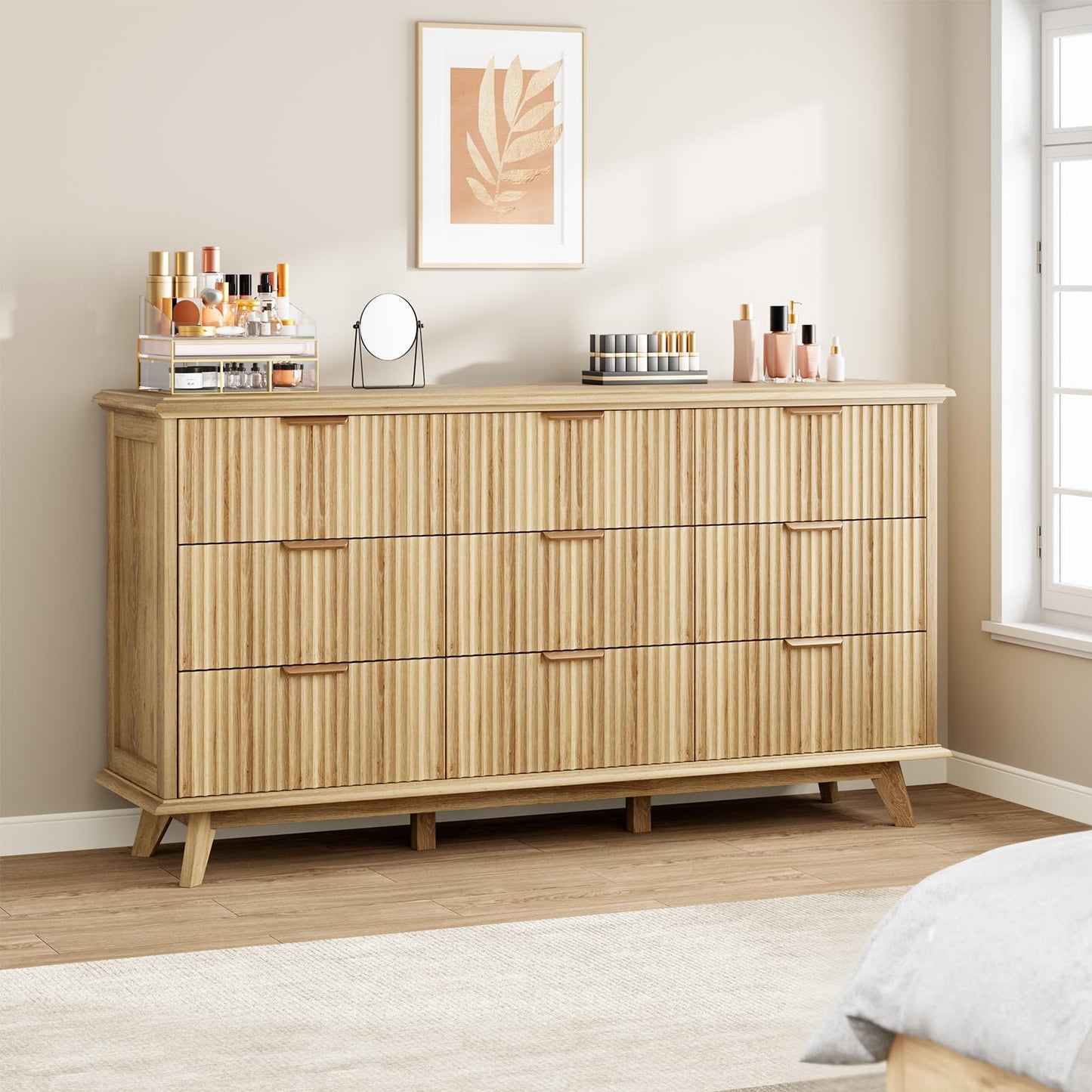 QUW Fluted 9 Drawers Dresser, 59.1" Wide Modern Chest of Drawers with Metal Handle, Large Dresser TV Stand, Wood Drawer Organizer for Bedroom, Living Room, Hallway, Dormitory, Natural Oak