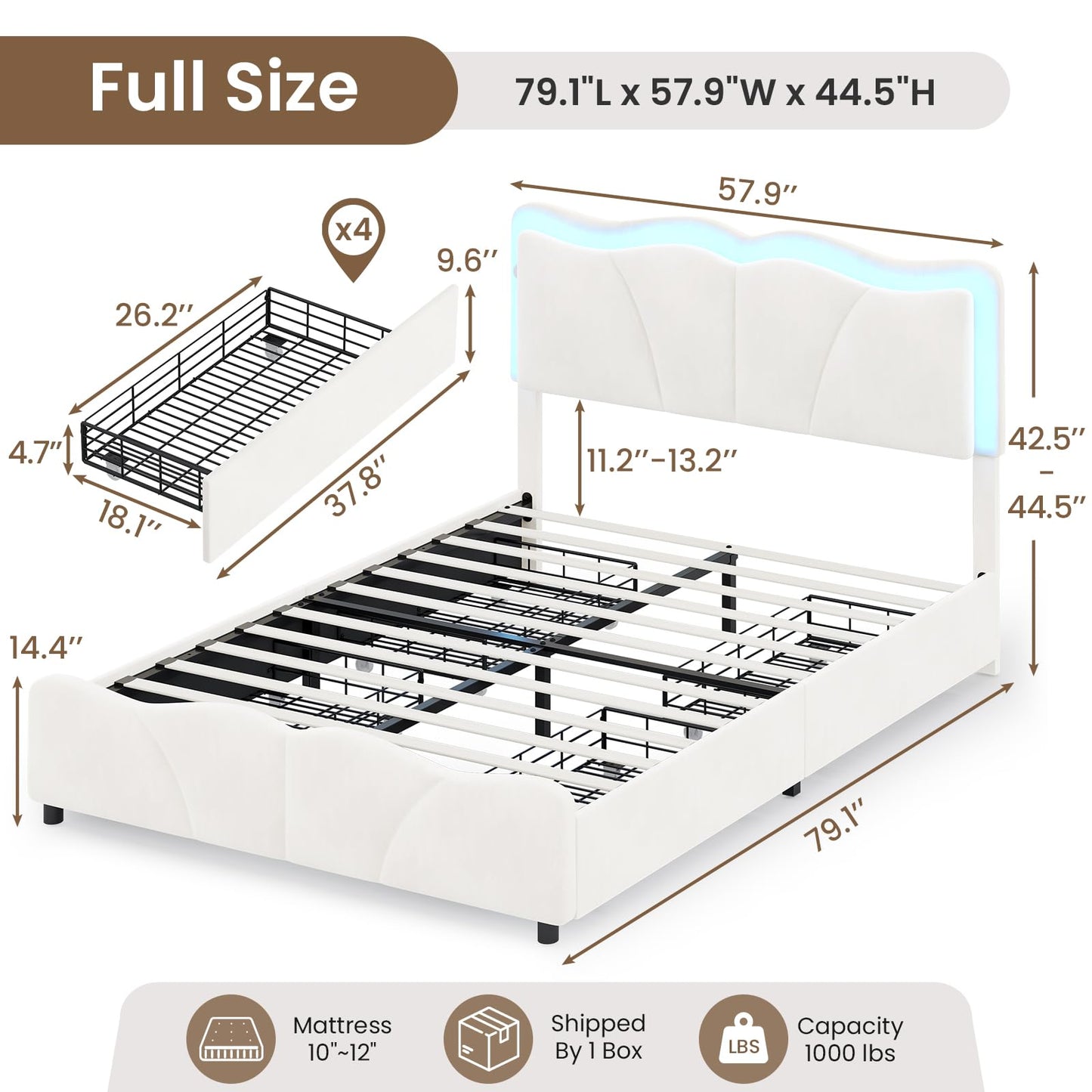 Full Size Upholstered LED Bed Frame with Adjustable Chic Petal Headboard, Velvet Platform Storage Bedframe with 4 Drawers and Charging Station, No Box Spring Needed, Wooden Slats Support, Beige