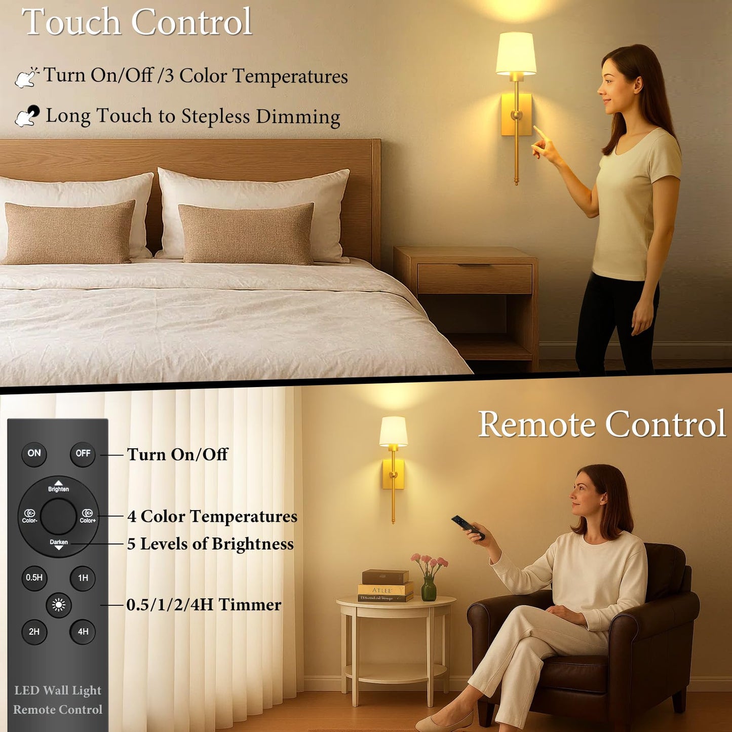 Battery Operated Wall Sconces Set of 2: Gold Rechargeable Wall Lights with Touch and Remote Control, Wireless Battery Powered Wall Scone Cordless Wall Lamp for Bedroom Living Room Bathroom Hallway