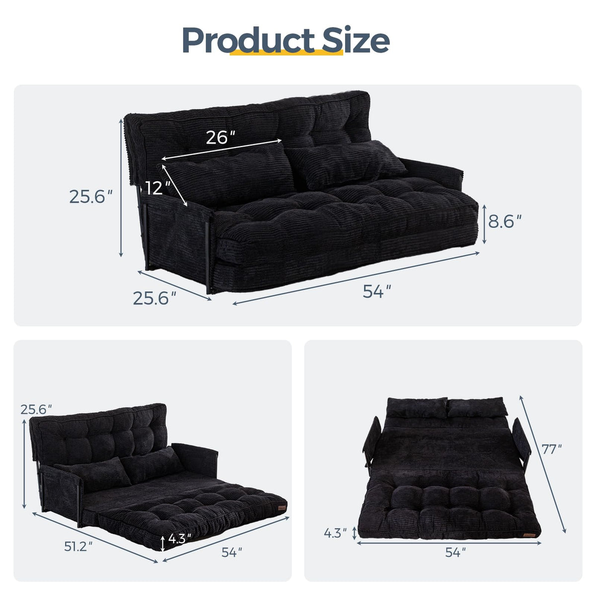 MAXYOYO Adjustable Floor Sofa Couch with 2 Pillows, Multi-Functional Bean Bag Bed, 5-Position Foldable Lazy Sofa Sleeper Bed with Armrest, Versatile Floor Seating for Reading, Black, Double