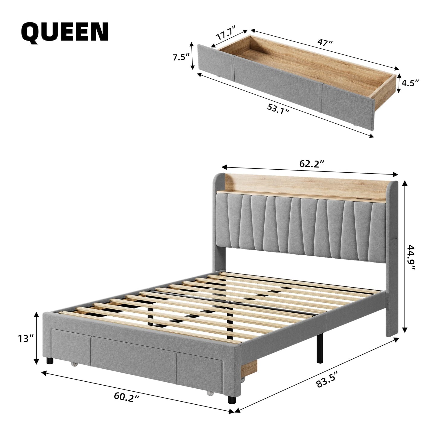 Queen Size Bed Frame with Headboard, Wooden Full Bed Frame with Storage Headboard and Charging Station, Metal Platform BedFrame with Large Drawers, No Box Spring Needed, Easy Assembly, Grey