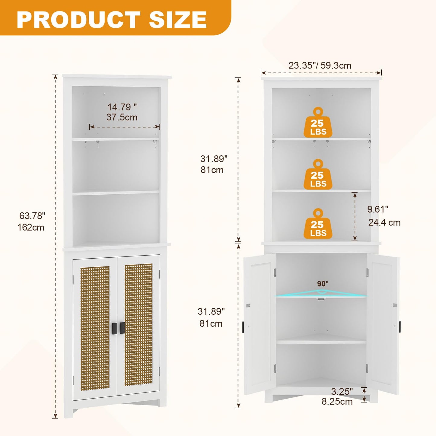 Amenitlif Corner Storage Cabinet with Adjustable Shelves - 63.78" Tall Freestanding Bathroom & Kitchen Organizer, Space-Saving Cabinet for Pantry, Laundry Room - Rustic White Finish, Easy Assembly