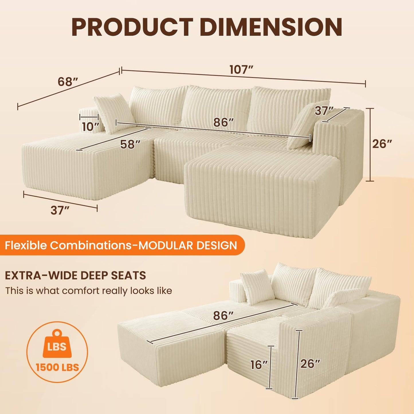 Neioml Modular Sectional Sofa, Cloud Comfort Couch,Extra-Wide Deep Seats No Assembly, Minimalist Modern Sleeper Sofas for Living Room, Apartment, Soft Plush Corduroy Fabric (Beige, U-Shaped 3+2)