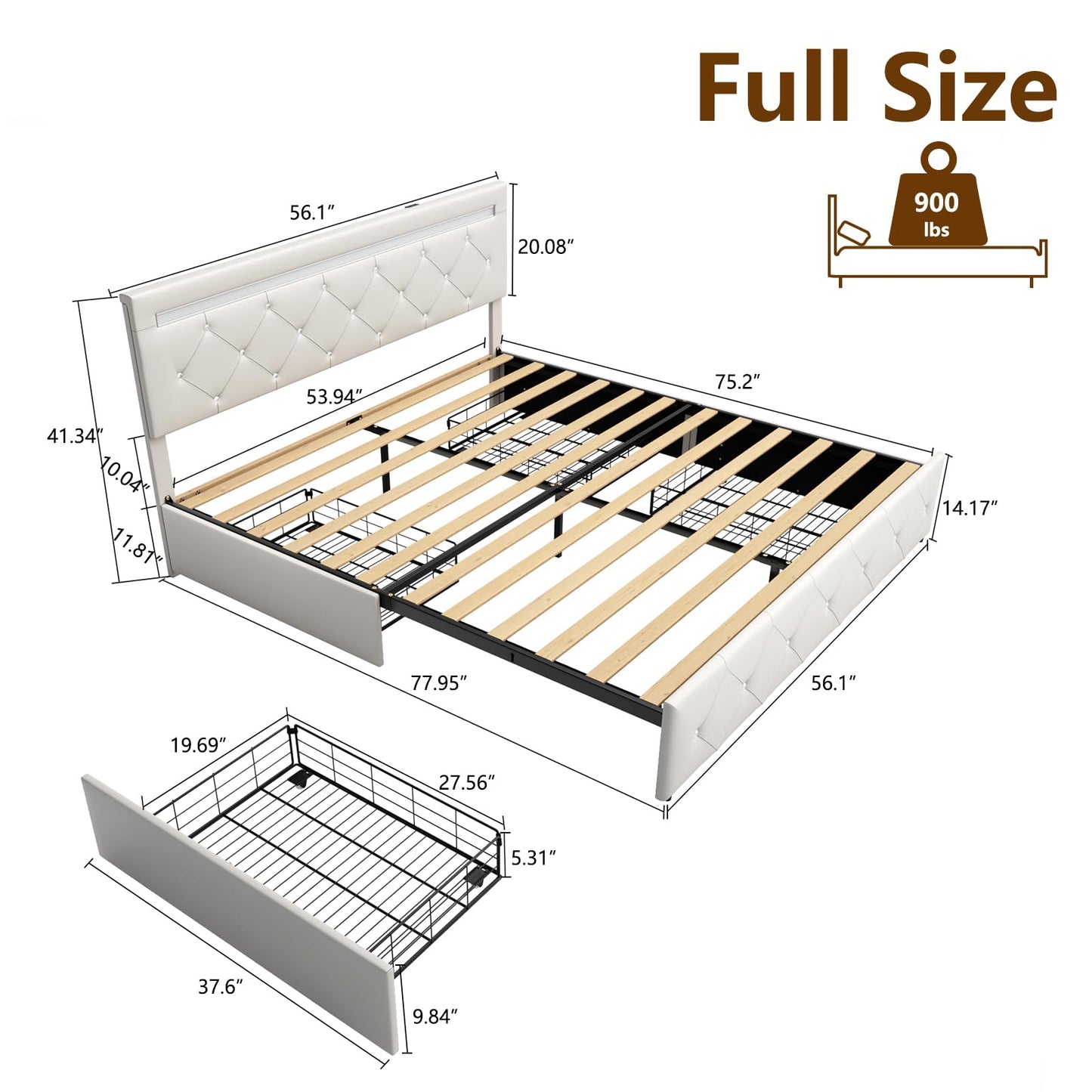 Benevika Full Size Bed Frame with 4 Drawers and LED Light, Charge Station, PU Leather Upholstered Platform Storage Bed with Adjustable Headboard, Wooden Slats Support, No Box Spring Needed, White