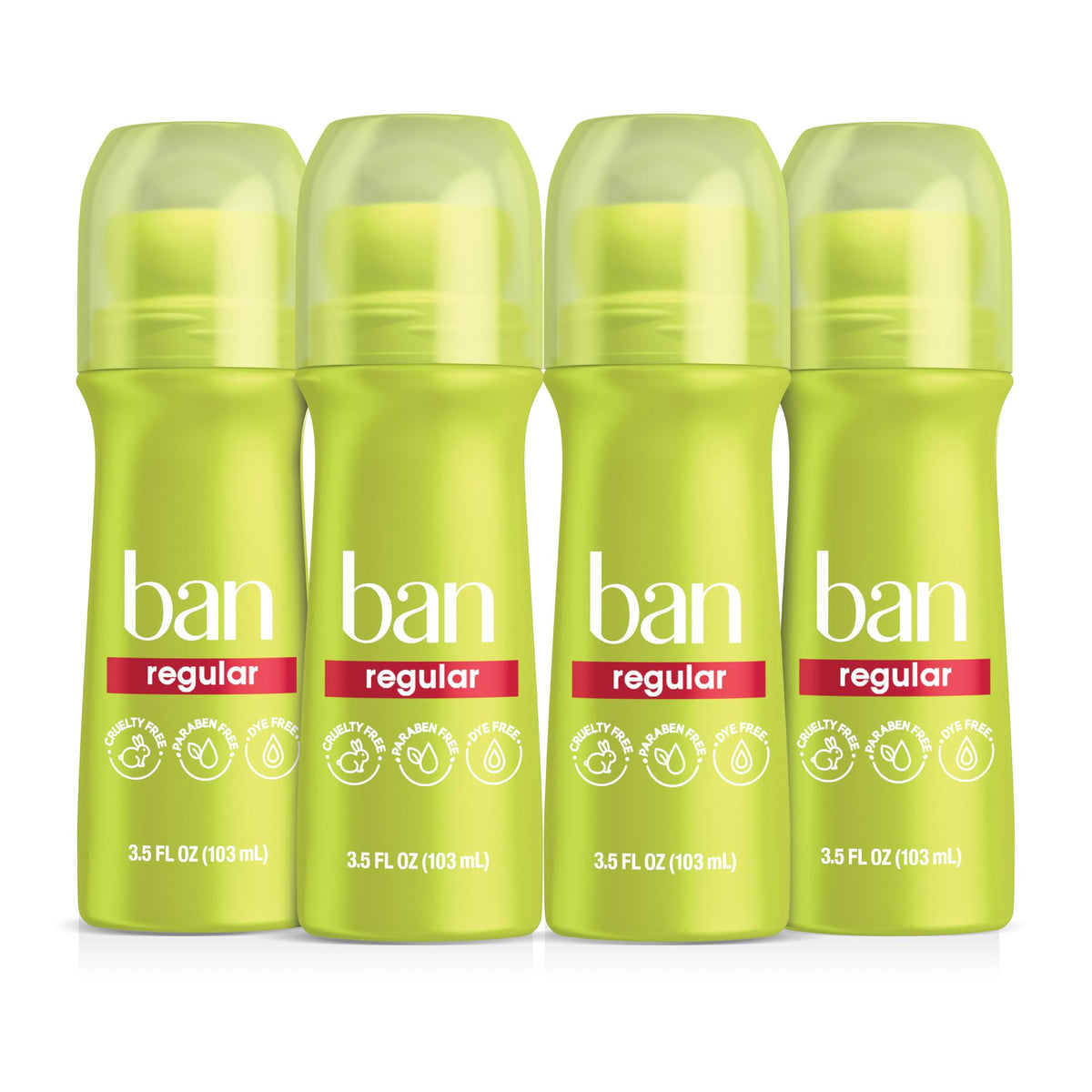 Ban Invisible Roll-on Antiperspirant Deodorant for Women and Men, 24-hour Underarm Odor & Sweat Protection, Regular Scent, 3.5 Oz, Pack of 4
