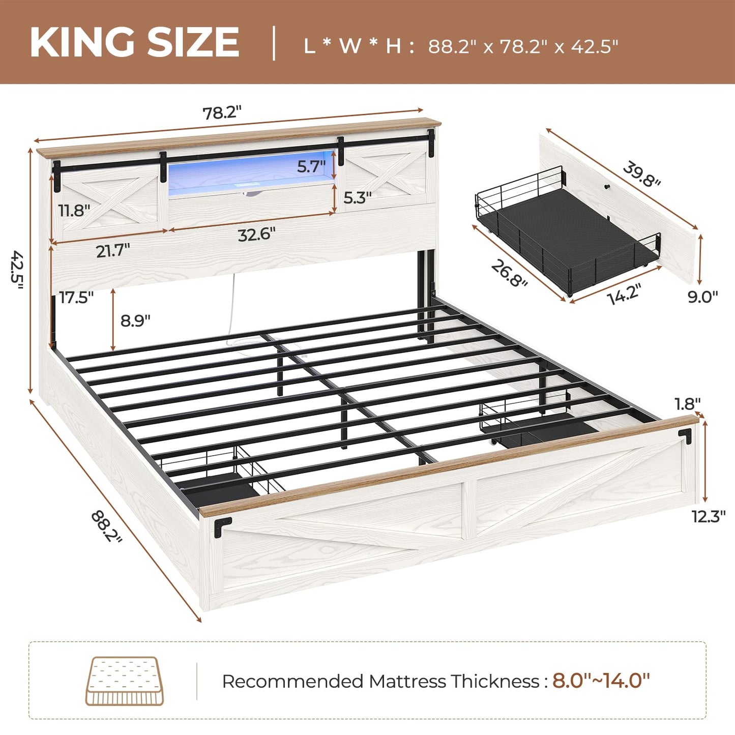 Hasuit Farmhouse Bed Frame King Size with Storage Bookcase Headboard, Wooden King Bed with LED Lights, Charging Station, 2 Drawers, Country Rustic Bed Frame with Sliding Barn Door