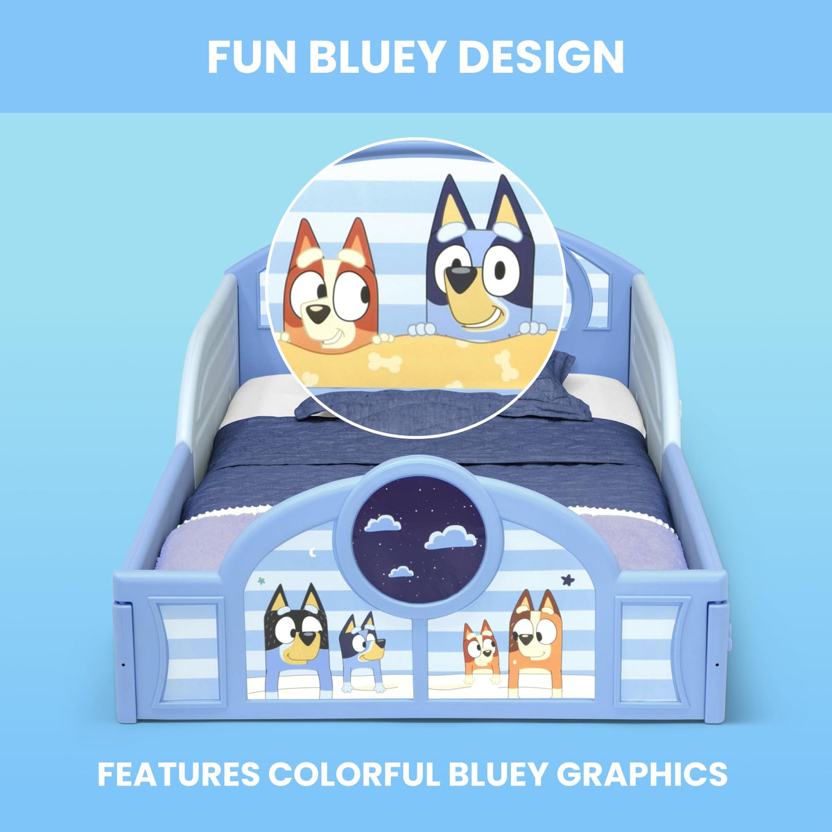 Delta Children - Bluey 4-Piece Toddler Room-in-a-Box Set – Includes Sleep and Play Toddler Bed, Table, 1 Chair and Fabric Toy Box, Blue