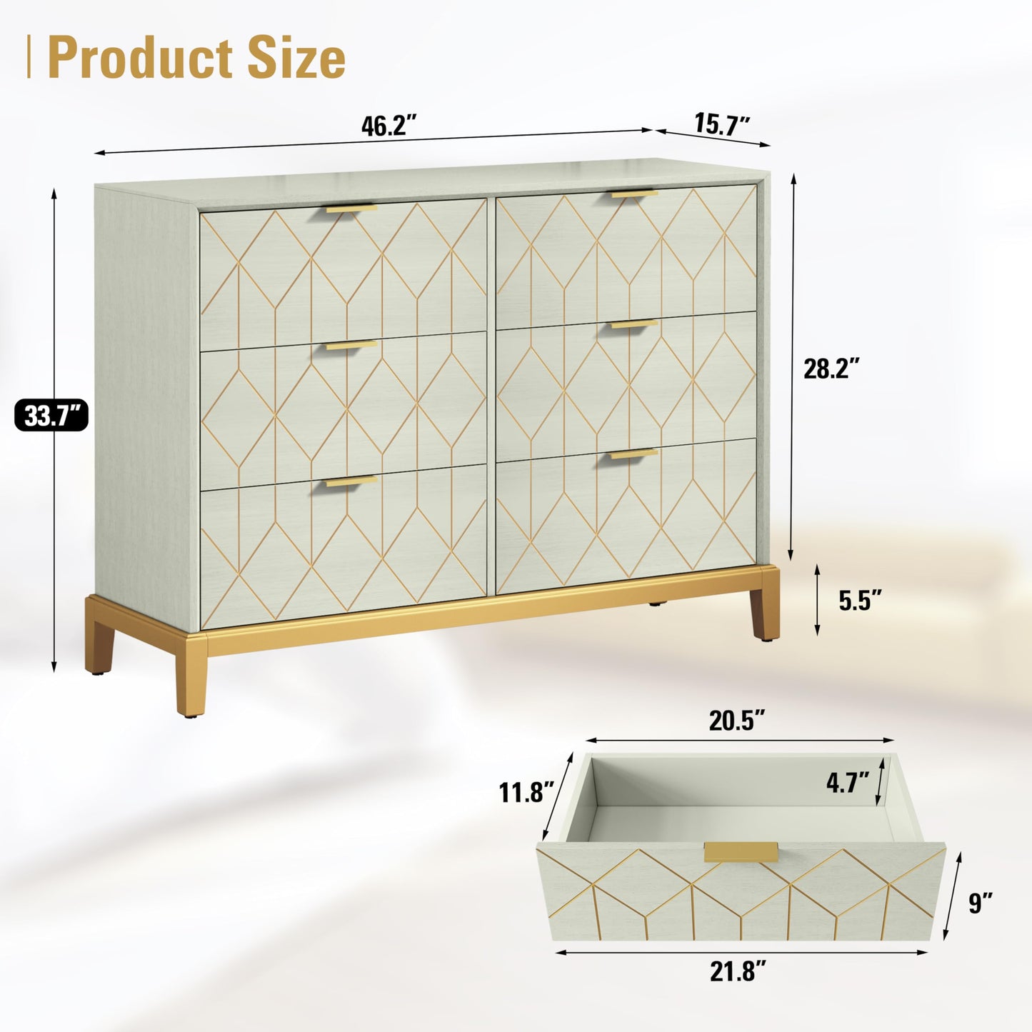 HLR Green Dresser with 6 Drawers,48" Modern Dresser Wide Chest of Drawers with Gold Lines Carved Design, TV Stand, Wood Dressers & Chest of Drawers for Bedroom, Living Room, Hallway