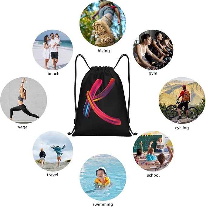 Drawstring Bags Initial Drawstring Backpack Sackpack Black Draw String Cinch Bags for Sports, Gym, Travel, Swimming, Beach, Camping, Rainbow Letter K