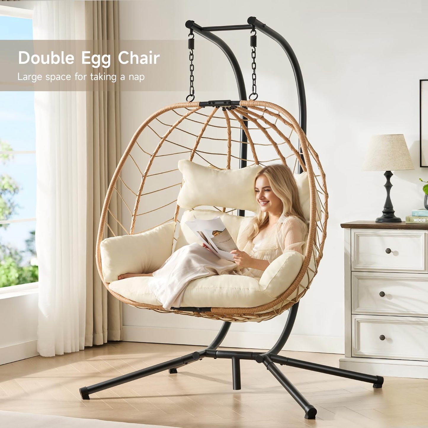 ONBRILL Double Egg Chair with Stand, Indoor Outdoor 2 Person Hammock Swing Chair with Cushions & Headrest, 650LBS Capacity Hanging Loveseat for Patio, Bedroom, Garden, Balcony (Yellow-Beige)