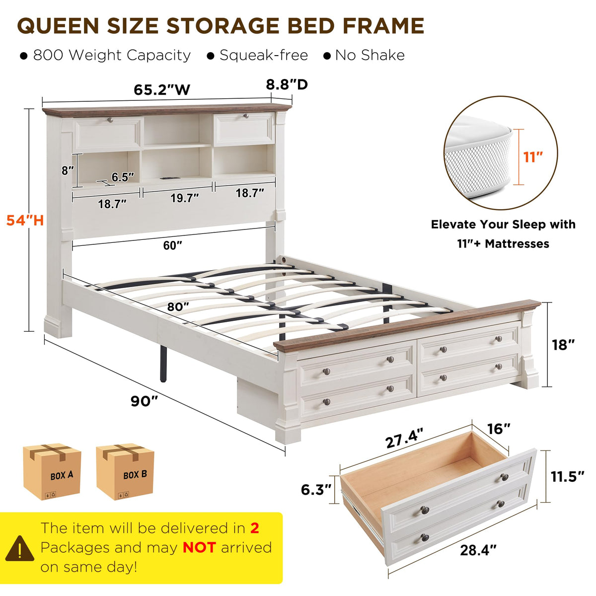 Farmhouse Queen Size Bed Frame with 54" Tall Storage Bookcase Headboard, Wood Platform Bed Frame with 2 Drawers & 18" Tall Roman Column Decoration Footboard, No Box Spring Needed(Antique White)
