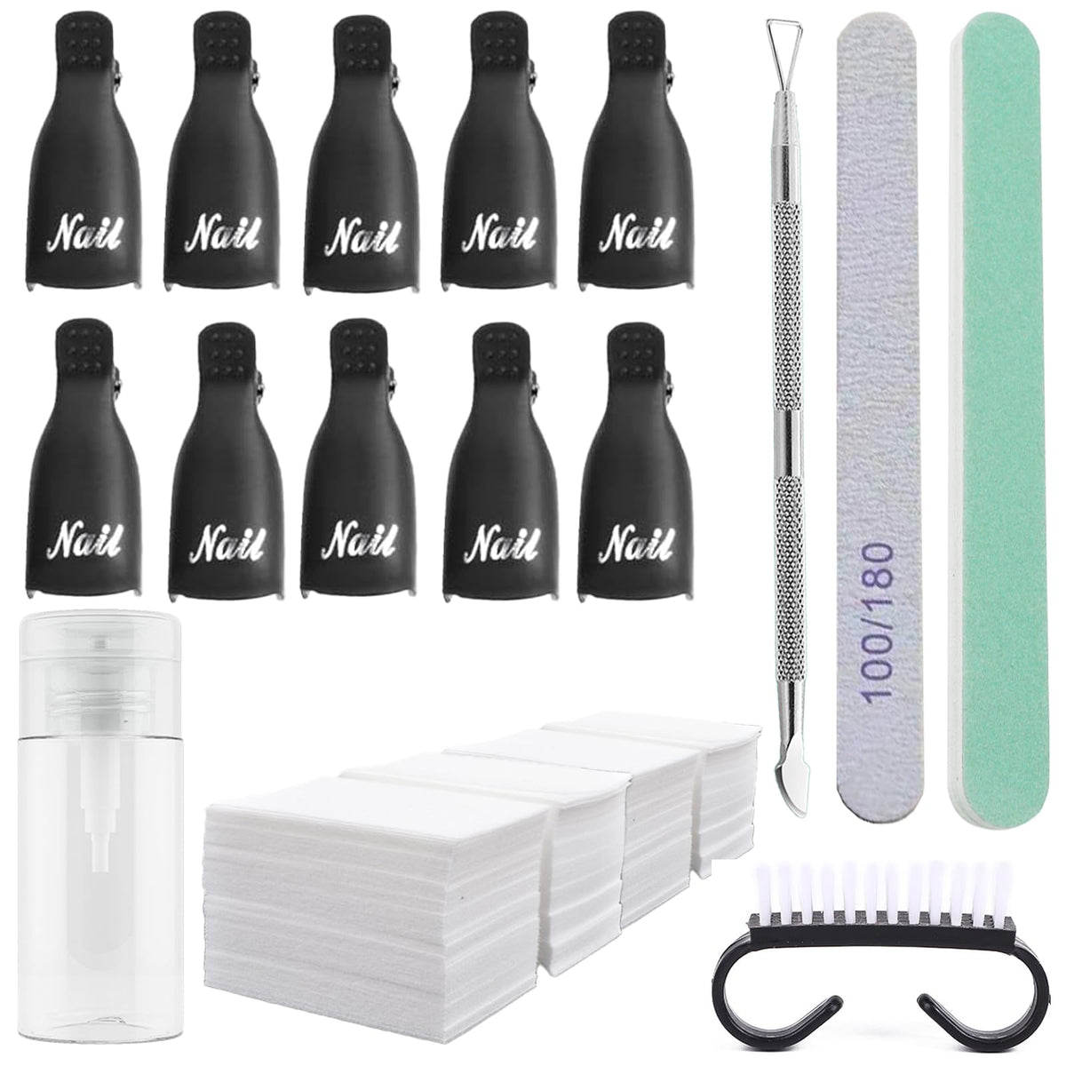 Ponjowl Gel Nail Polish Remover Kit with 10pcs Black Nail Polish Remover Clips Cap, Acetone Nail Dispenser Bottle, Polish Cuticle Pusher, 400 PCS Cotton Pads, Handle Brushes, Nail File, Buffer Block.