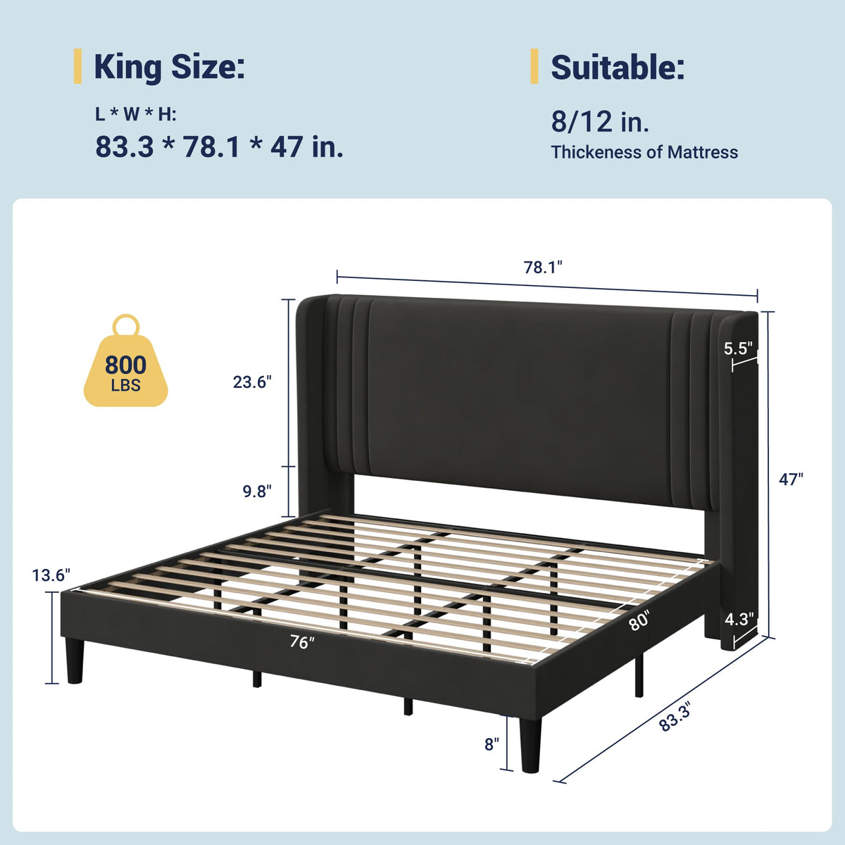 Allewie King Size Velvet Platform Bed Frame with Vertical Tufted Wingback Headboard, Easy Assembly, Under Bed Storage, No Box Spring Required, Modern Style, Black