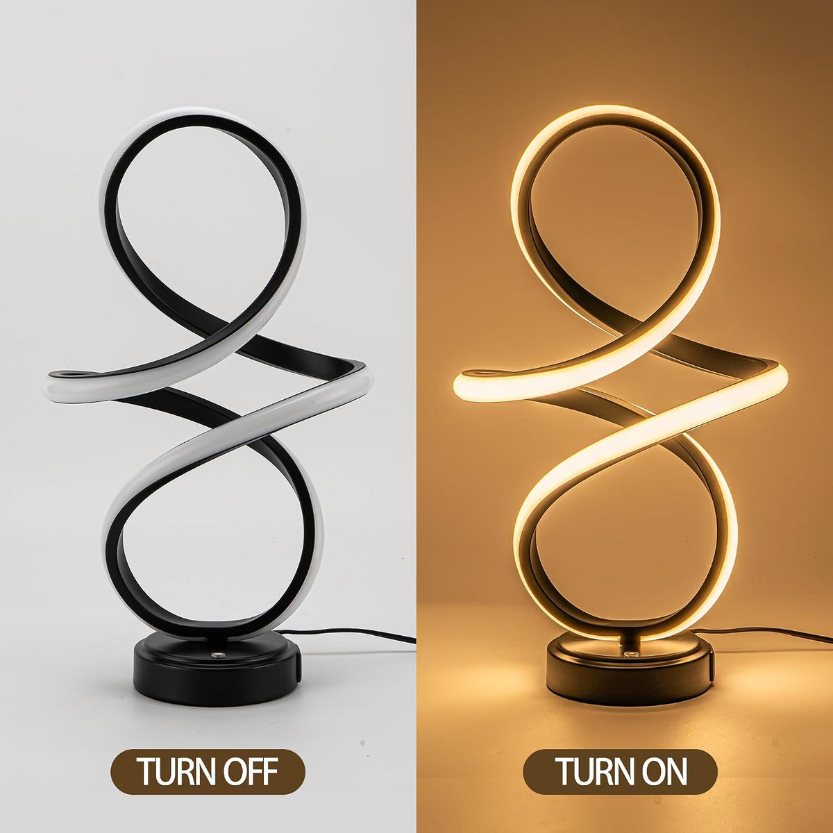 Modern Small Table Lamp with LED Spiral Design, 12W Black Nightstand Lamp