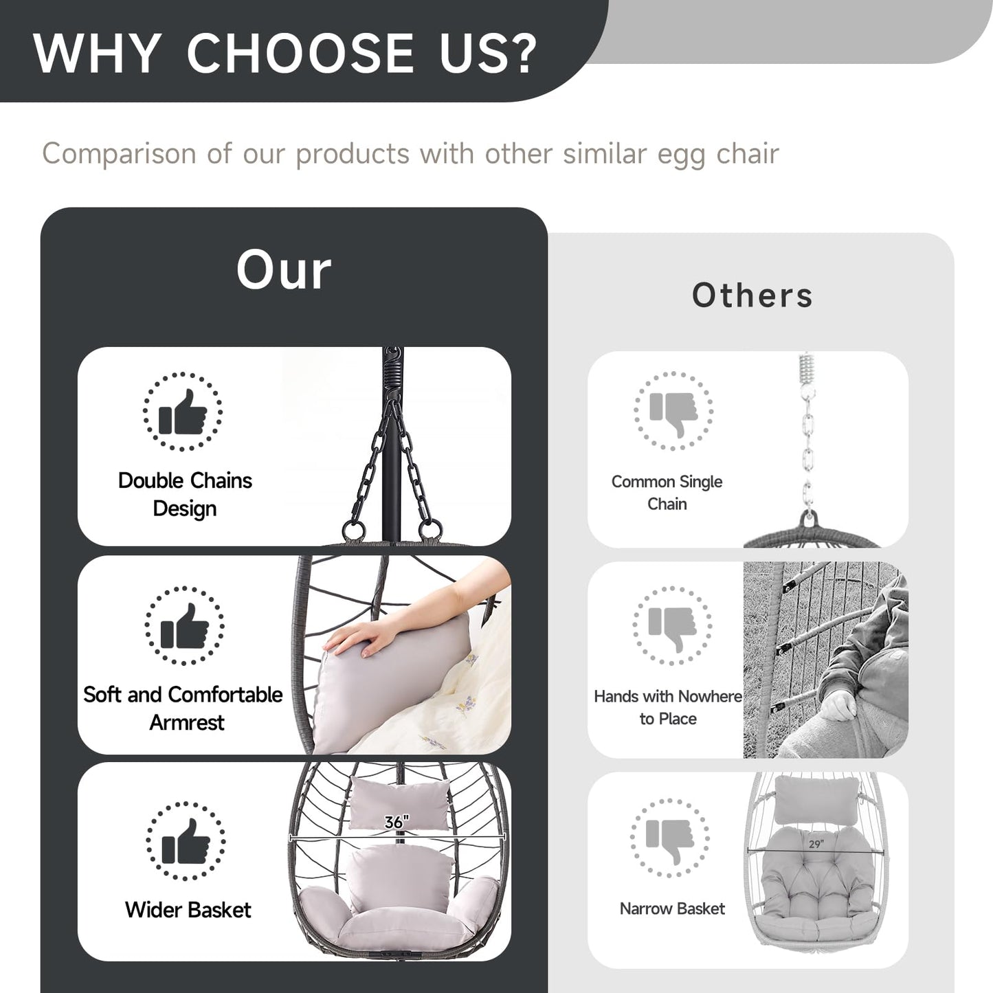 ONBRILL Hanging Egg Chair with Stand, Outdoor Indoor Egg Swing Chair with Cushion Headrest, Rattan Wicker Egg Chair with Dual Chains, 350LBS Capacity for Patio, Porch, Balcony, Bedroom (Khaki)