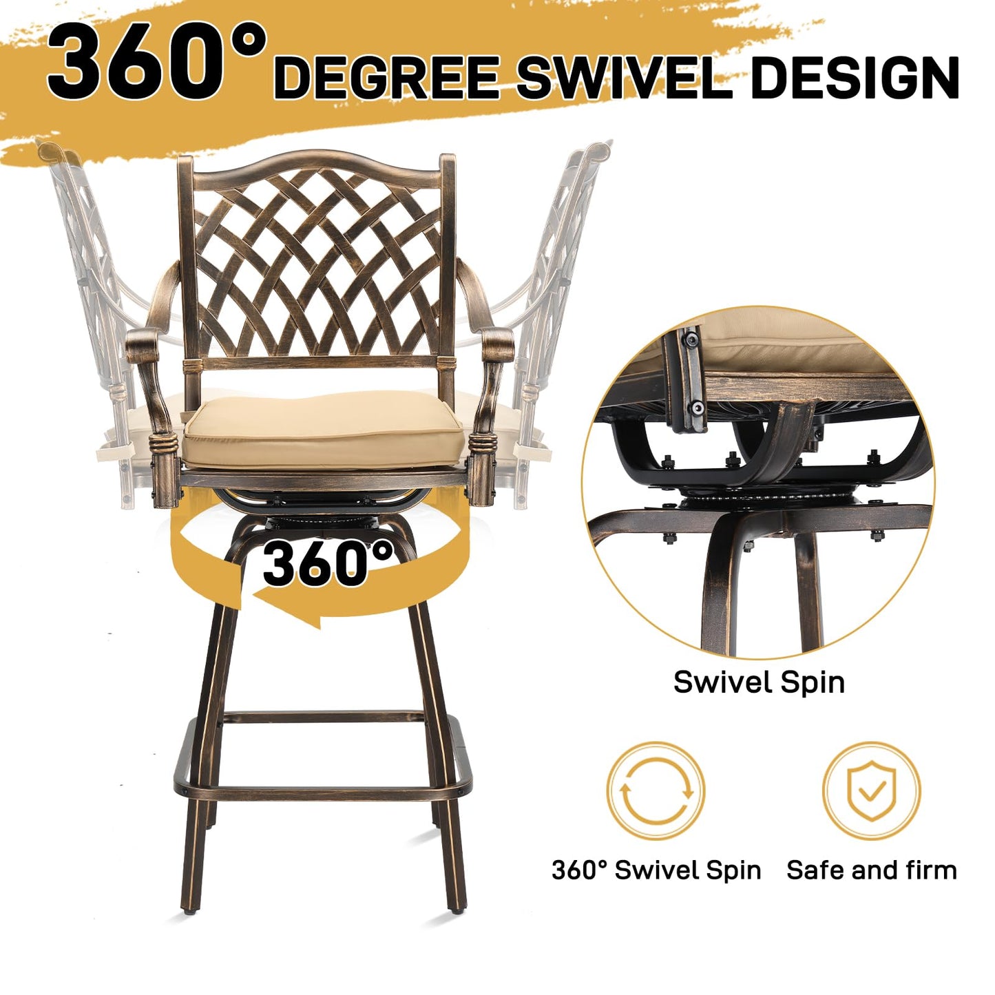 VINGLI 3 Piece Outdoor Patio Bar Set, Cast Aluminum Outdoor Swivel Bar Stools and Table w/Umberlla Hole, All-Weather Outdoor Bar Table and Chairs High Top Bistro Set w/Cushions (Grid Back)