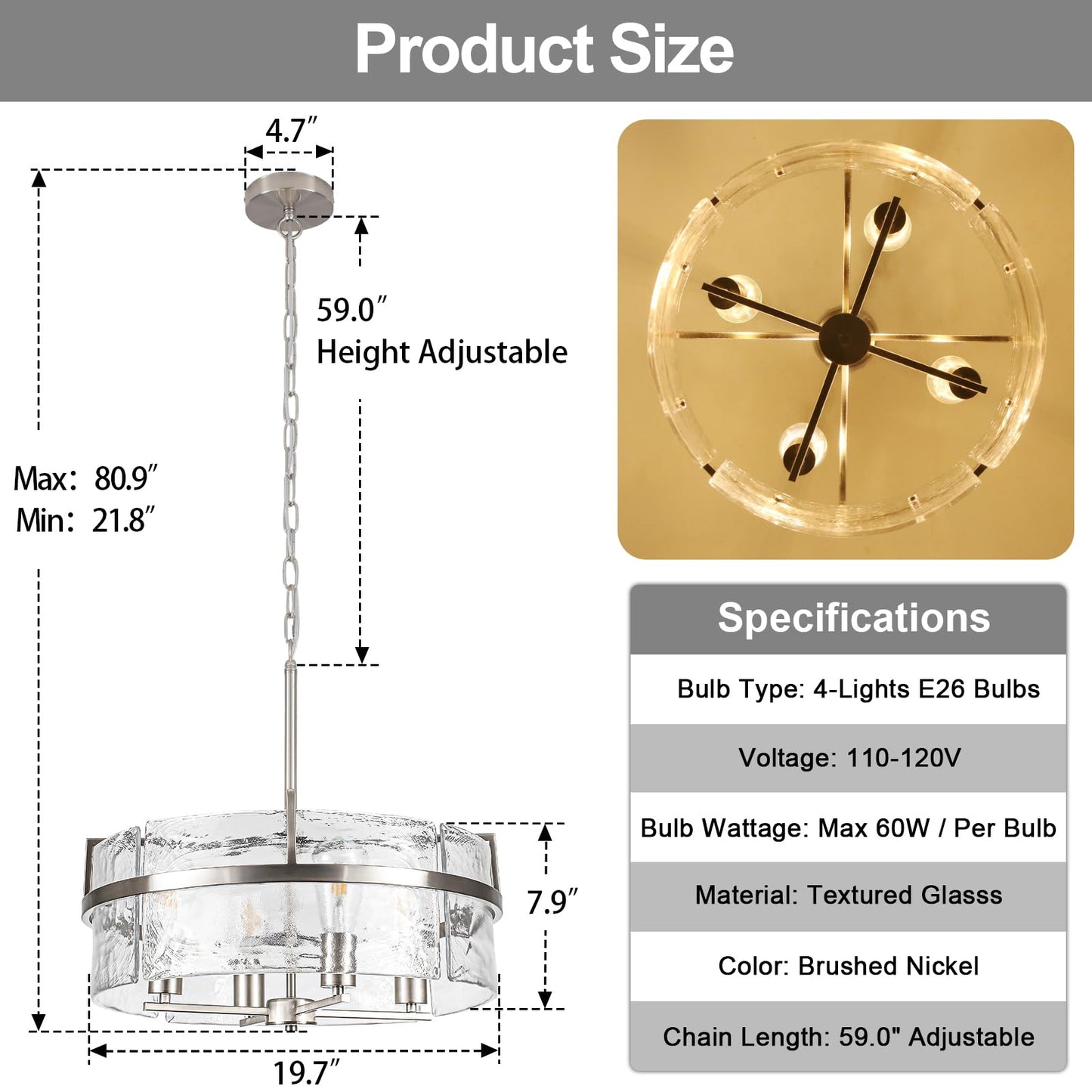 DWLGIGH Modern Drum Chandeliers for Dining Room,19.7" Water Ripple Glass Chandelier Over Table Brushed Nickel Crystal Pendant Light Fixtures for Hight Ceiling Living Room Entryway Bedroom Kitchen,E26
