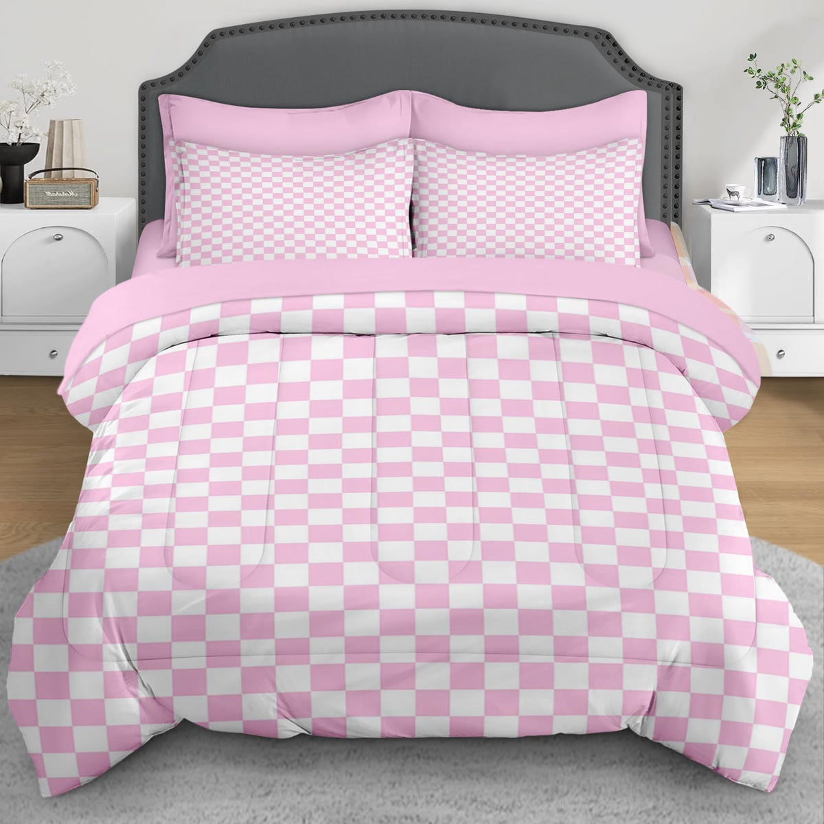 Plaid Checkerboard Grid Geometric Bean Pink Quilt Comforter Set 5 Pcs Twin Size, Checkered Modern Abstract Soft Bedding Set with Flat and Fitted Sheet Pillowcases Sham for Adults Bedroom Bed Decor