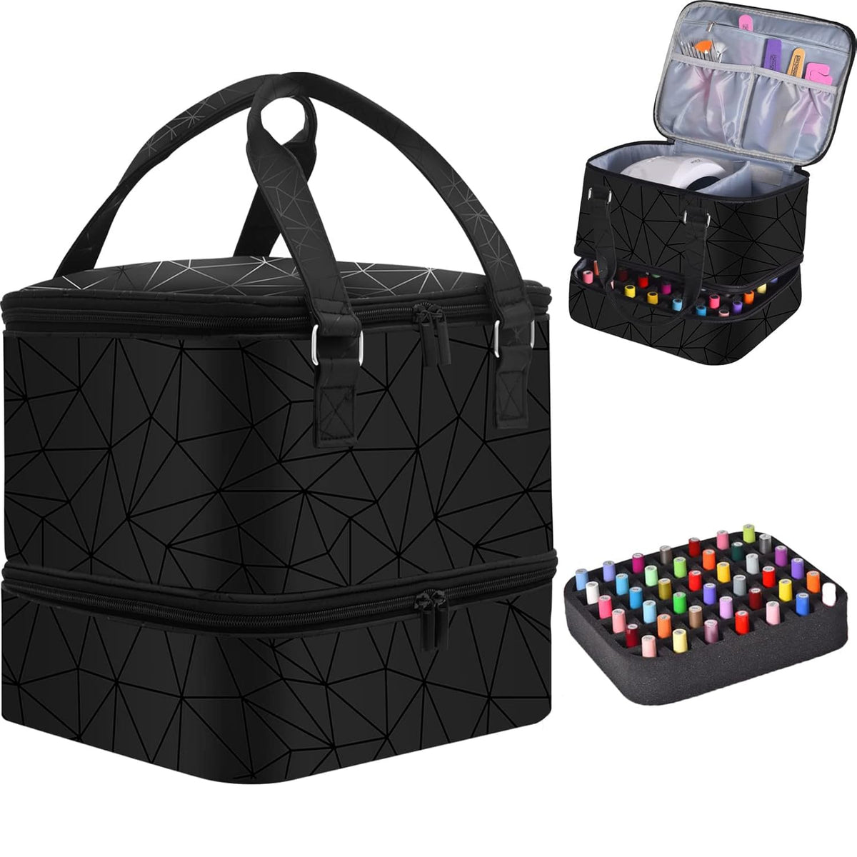 Quoyiyo Nail Polish Bag Organizer Case, Nail Polish Organizer Case Hold 42 Bottles (15 ml) and Nail Lamp, Double Layers Nail Polish Case with Adjustable Dividers for Nail Art Tools Black