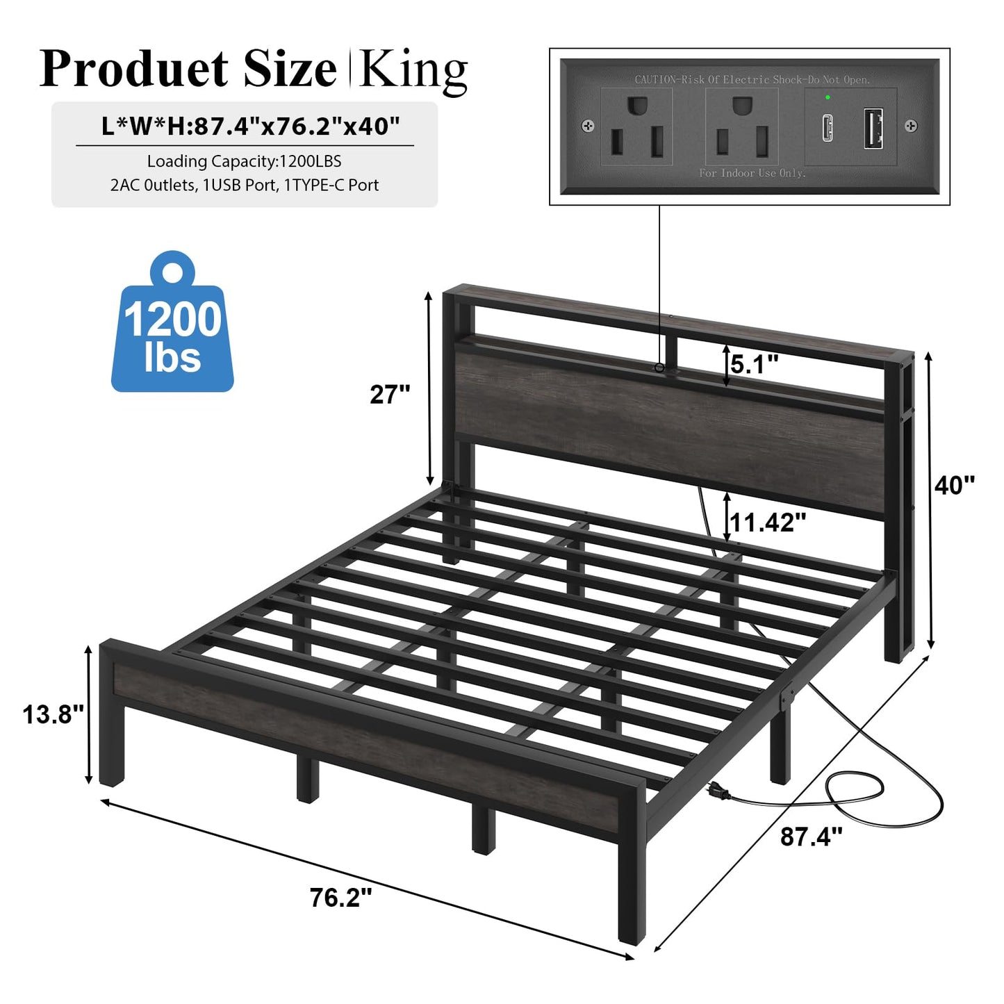 LOEWAY King Size Platform Bed with 2-Tier Storage Headboard, Metal Bed Frame with Charging Station & LED Light, Heavy Duty Metal Slats, No Box Spring Need, Noise Free, Grey