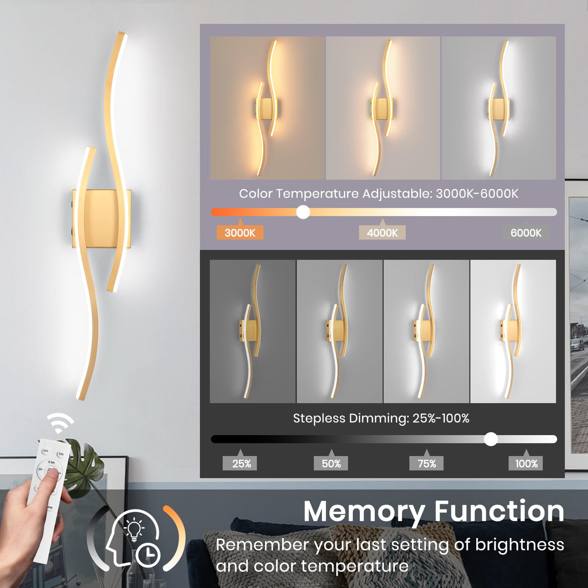 EIDEARAY Modern LED Wall Sconce Set of Two, Battery Powered Wall Sconces Set of 2 with Timer, Gold Wall Light with Remote, LED Wall Lamp Indoor not Hardwired for Bathroom Living Room Bedroom Corridor