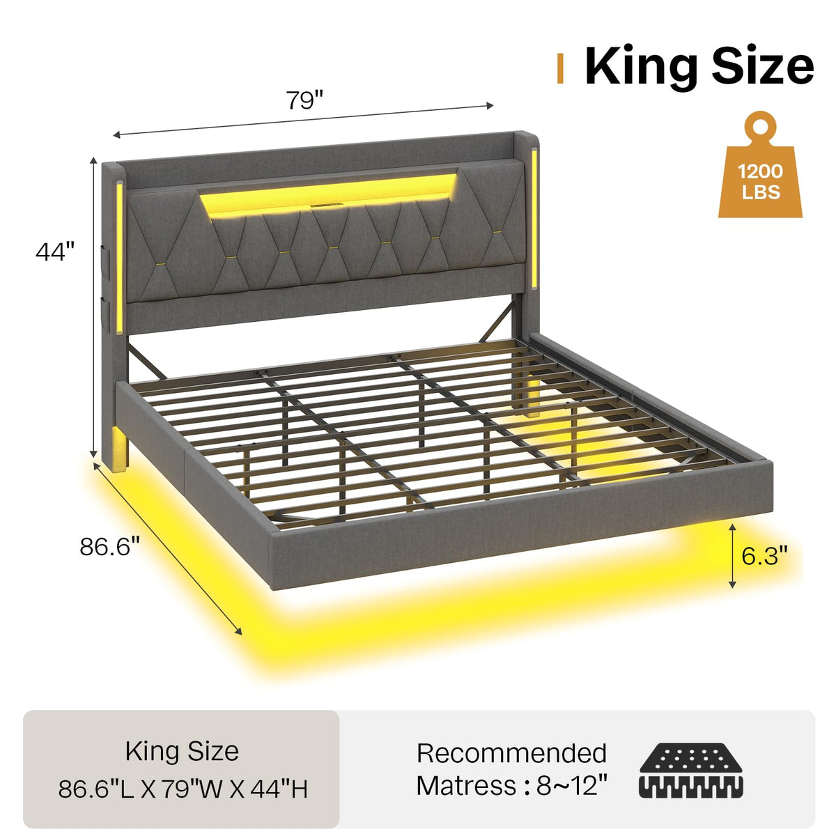 Dnxao Floating Bed Frame,King Bed Frame with Hidden Storage, King Platform Bed Frame with Headboard,4 Pockets,LED Lights and Charging Station, Noise Free, No Box Spring Needed,Quick Assembly,Gray