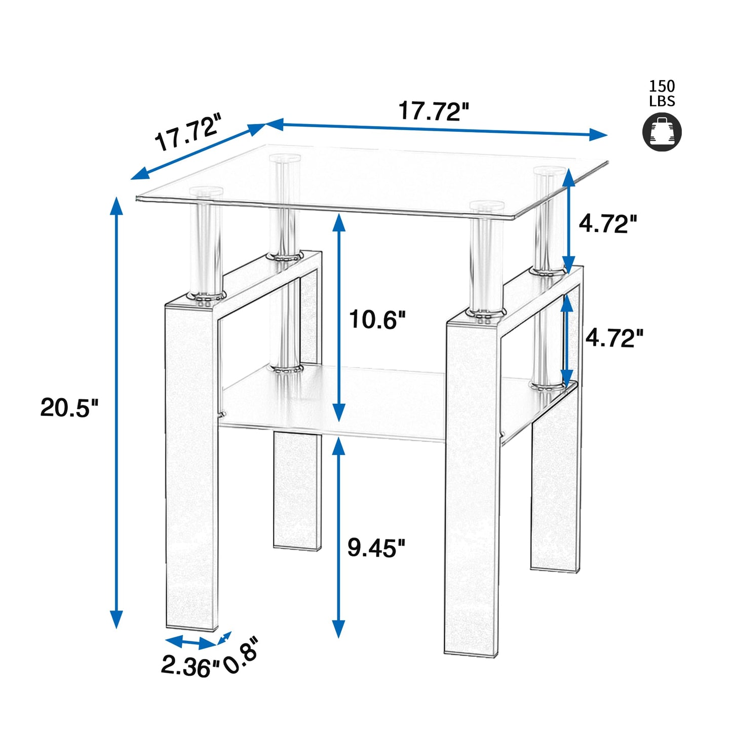 Modern Glass End Table 2-Tier Tempered Glass Top Corner Table for Living Room, Side Table with Metal Legs (Clear, 1pc)