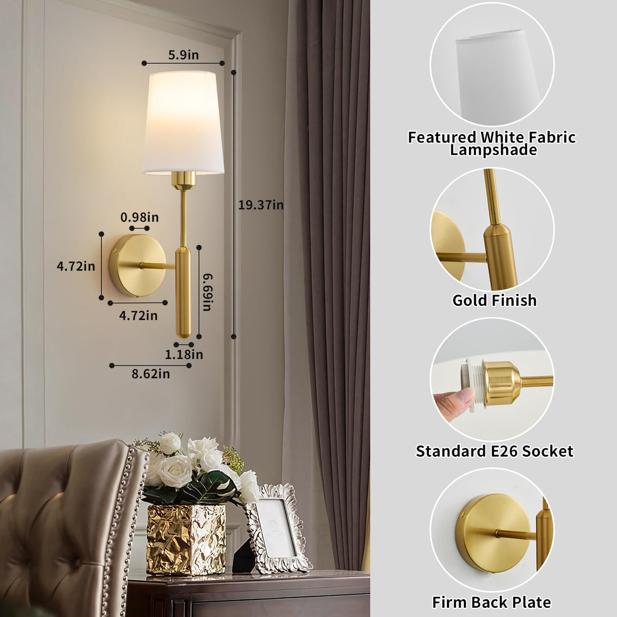 Powfloven Gold Wireless Battery Operated Wall Sconce Set of 2, Cordless Battery Powered Wall Lights with Remote, Dimmable Rechargeable Wall Lamp Decor in Door for Bedroom Living Room, 5000mAH