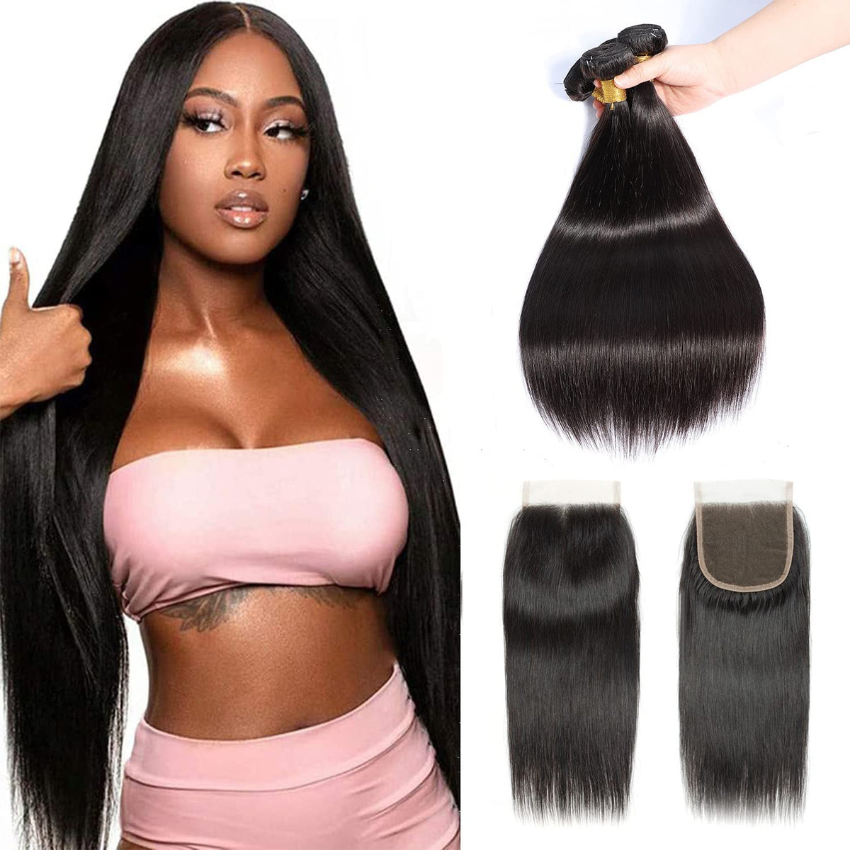 Selina Straight Bundles With Closure,3 Bundles And Closure Human Hair Straight,Free Part Closure,Unprocessed Human Hair Bundles With Lace Closure (16“ 18“20“with 14" Closure, Straight 3+1)