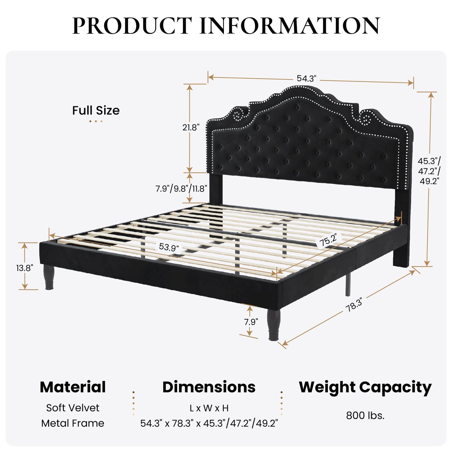SHA CERLIN Full Size Bed Frame with Adjustable Headboard/Velvet Upholstered/Diamond Button Tufted and Metal Studs/No Box Spring Needed/Wood Slat Support/Easy Assembly/Black