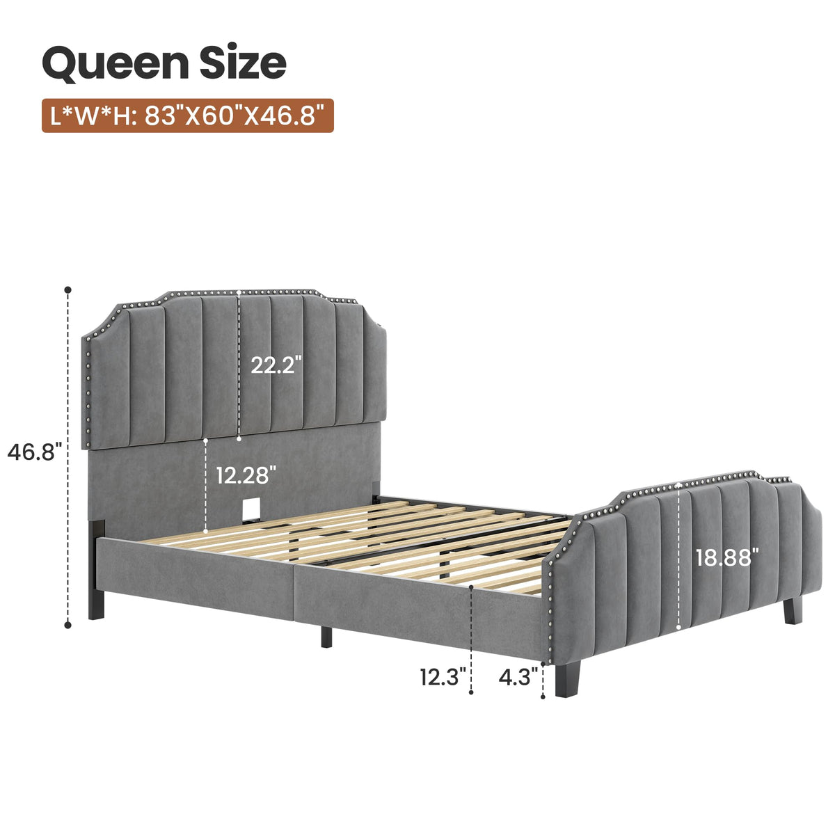 RIHHA Grey Queen Size Upholstered Platform Bed Frame with 46.8'' Tall Vertical Channel Tufted Headboard, Wooden Slats, Noise-Free, No Box Spring Needed, Easy Setup