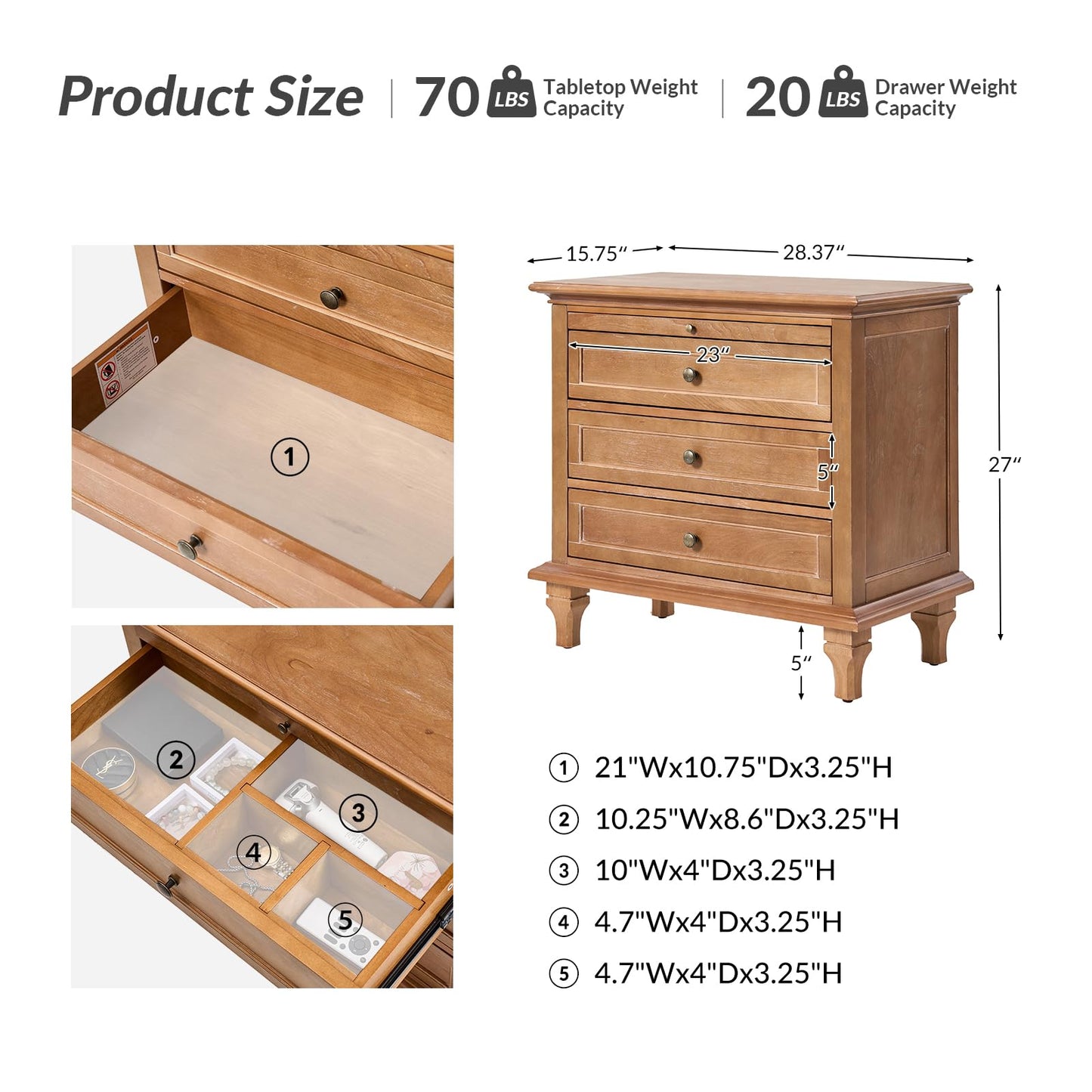HULALA HOME Farmhouse 3 Drawer Nightstand with Tray, Drawer Organizer with Solid Wood Legs, Nightstand with Charging Station,Acorn