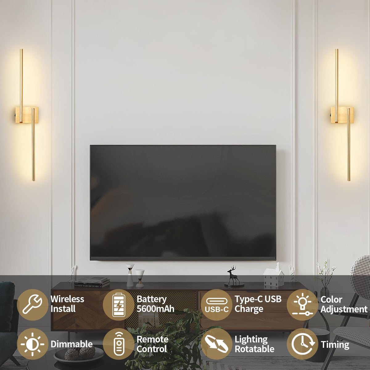 Zlierop Rotate Wall Sconces Battery Operated, 8000mAh Charge Battery Wall Sconces Set of Two, Wireless Wall Sconce with Memory Remote, Dimmable Wall Lights, Gold sconces Wall Decor Set of 2