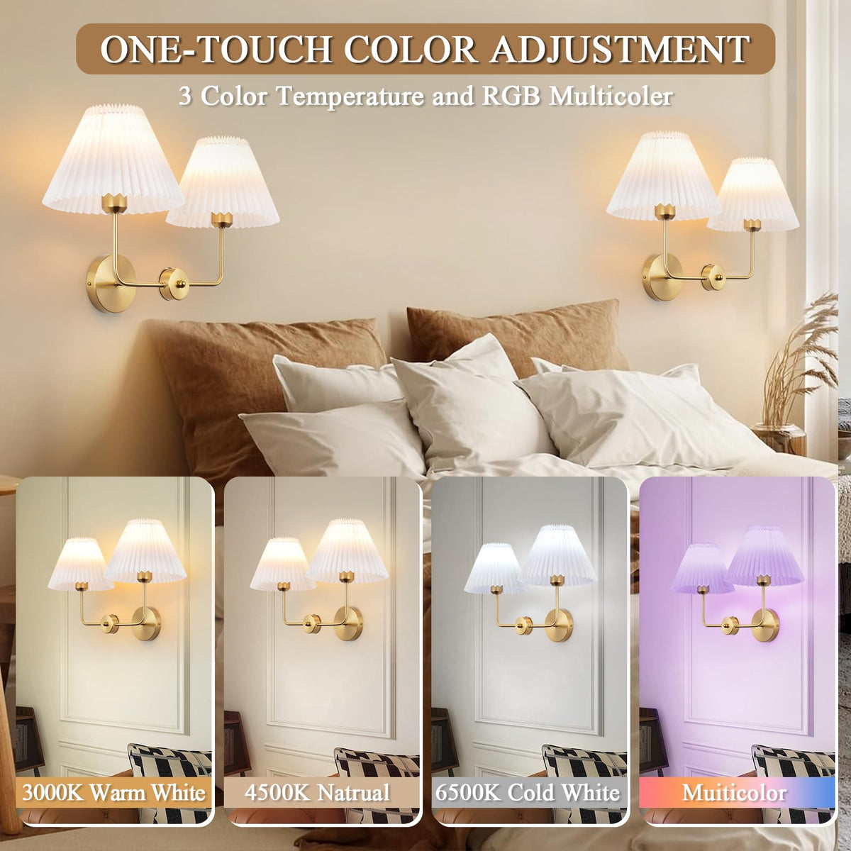 Rnzziw Double Light Battery Operated Wireless Wall Sconces with White Pleated Fabric lampshade, 2-Light Antique Brass Sconce for Bathroom Vanity Hallway Stairway Living Room (Gold)