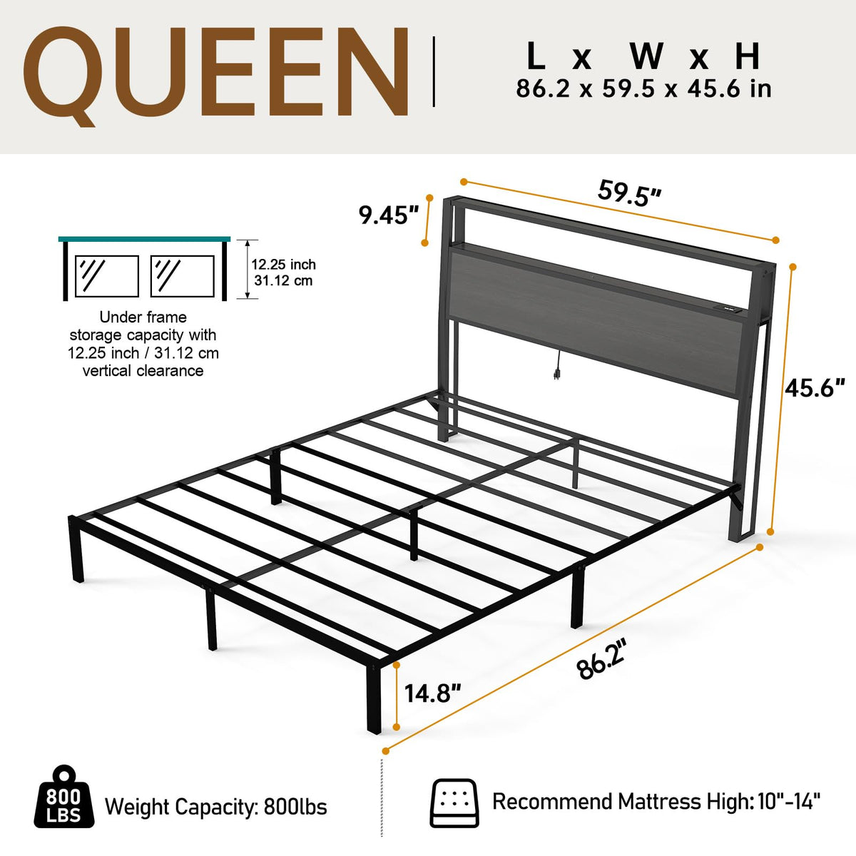Queen Size Bed Frame with Headboard, Metal Platform Bed Frame with LED Lights & Charging Station, Under Bed Storage, Solid and Stable, No Box Spring Needed, Noise Free, Easy Assembly, Dark Grey