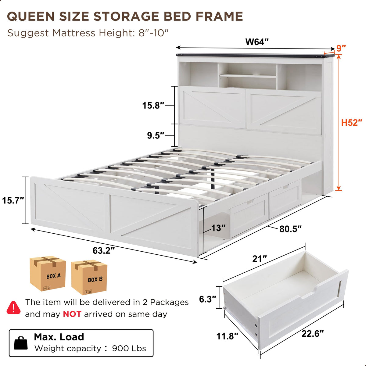 ACCOHOHO Queen Bed Frame Farmhouse with 52" Storage Bookcase Headboard, 4 Drawers Wooden Bed Frame, LED Light, Charging Station - White