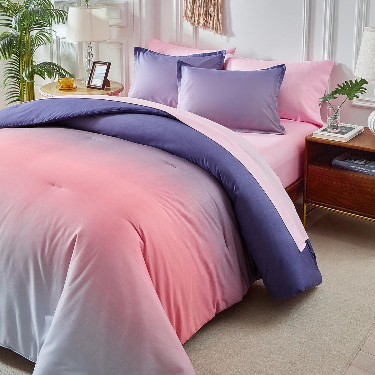 Grey Pink and Purple Gradient Comforter Set Twin Size 6 Pieces Elegant Ombre Bed in a Bag - Reversible All Season Bedding Set with Comforter, Flat Sheet, Fitted Sheet, Pillowcase & 2 Pillow Shams