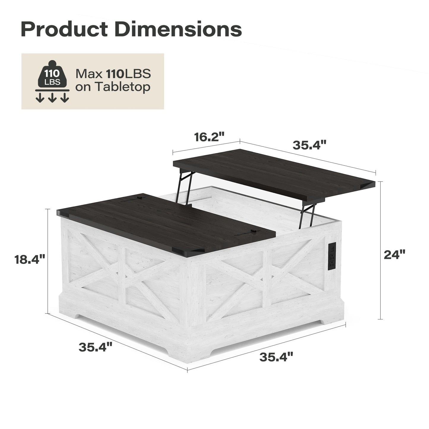 LAUSAINT HOME Farmhouse Lift Top Coffee Table with Large Hidden Storage Compartment, Wood Square Center Table with Lifting Top for Living Room, Home Office, White