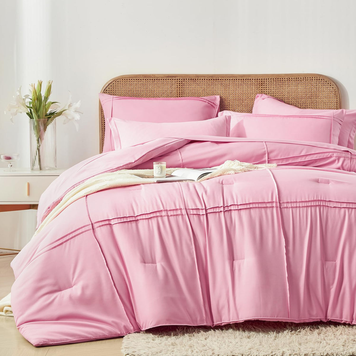 Yogeneg Full Size Comforter Set 7 Piece Bed in a Bag,Grid Pinch Pleat Pink Bedding Set,Striped Textured Soft Microfiber Comforter with Sheet Set,All Season Complete Bed Set(Pink,Full)