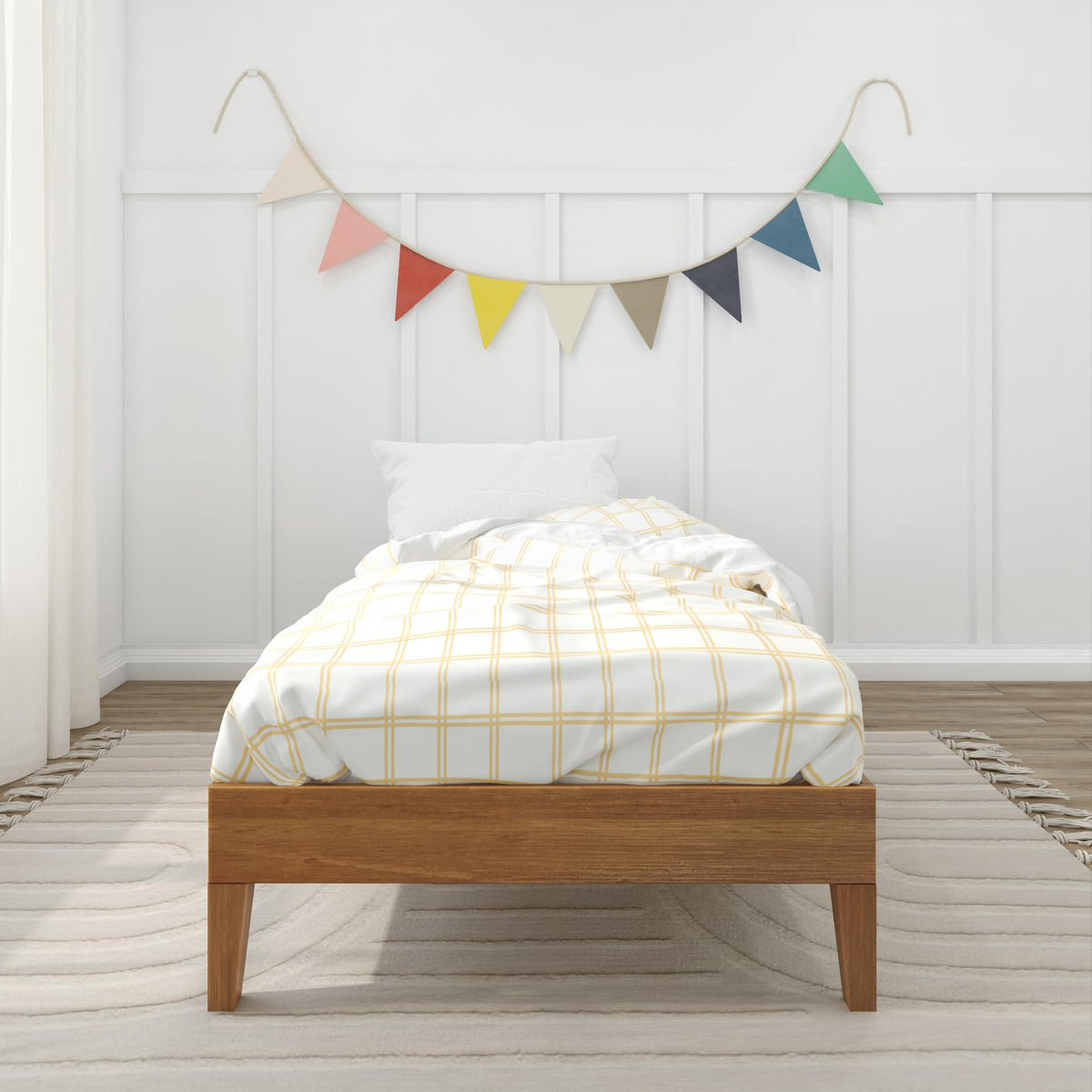 Max & Lily Fundamental Twin Platform Bed Frame, Kids Modern Solid Wood Bed, Strong Wooden Slats, Non-Toxic Finishes, Matte Pecan