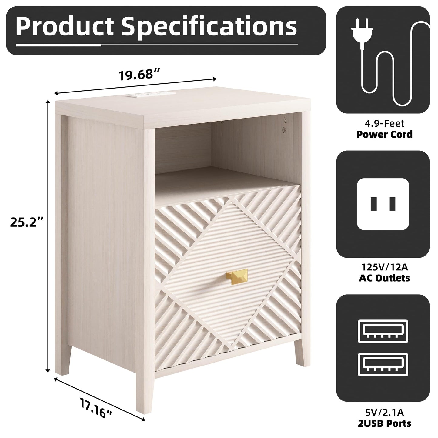 Modern Nightstand Side Table with USB Charging Port, Diamond Pattern Drawer, Black (2, Light Brown)