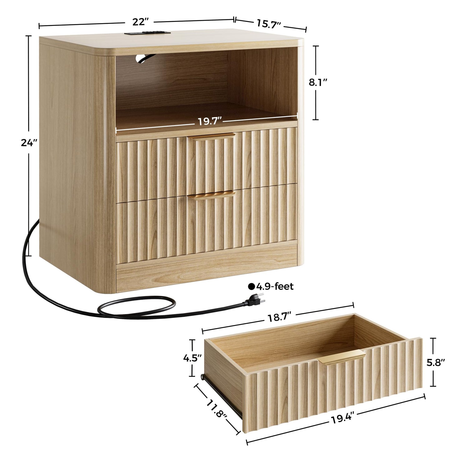 IRONCK Fluted Night Stand Set of 2, Modern Nightstand with Charging Station, Drawers and Open Shelves - Bedside Table Wood Side Table Set for Bedroom