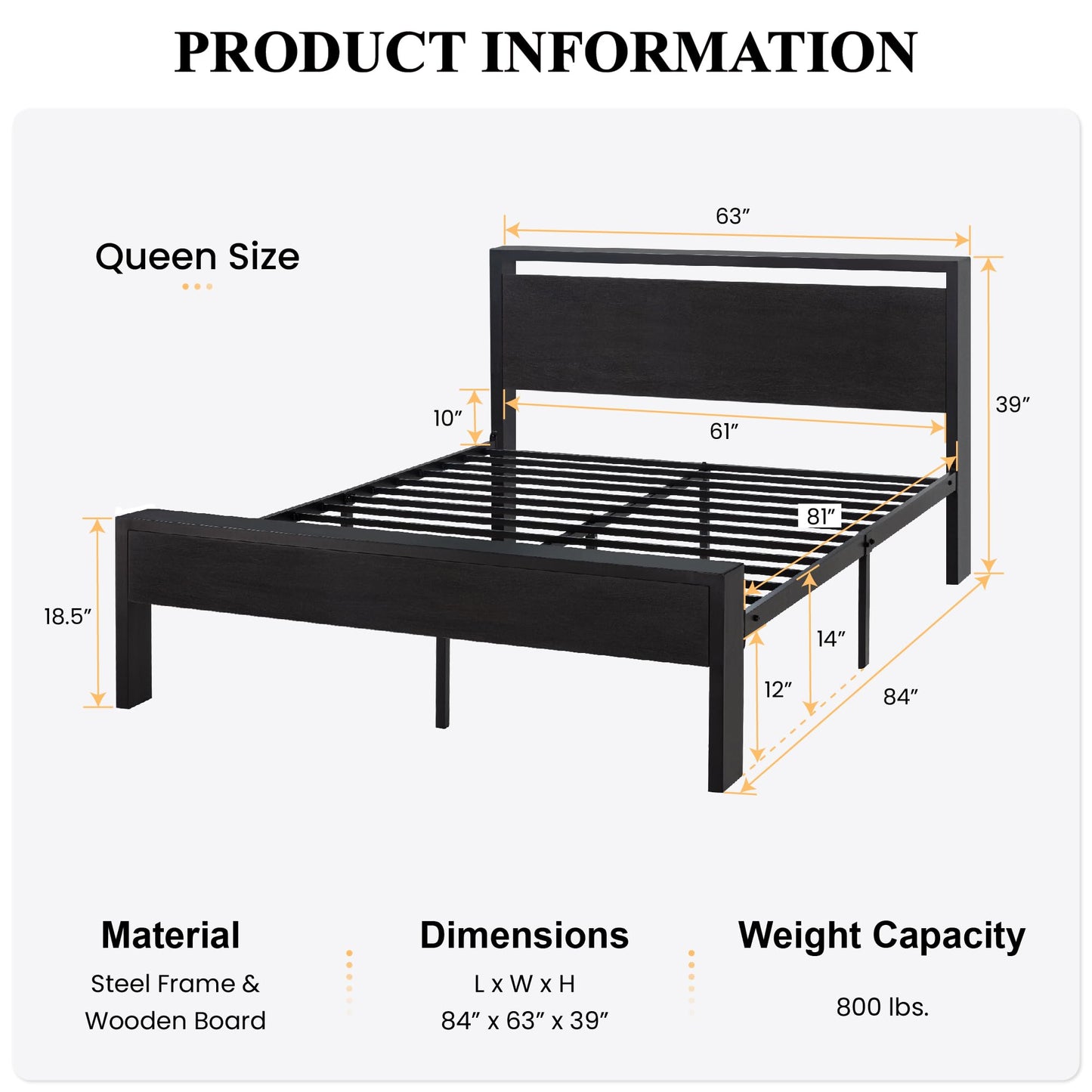 SHA CERLIN 14 Inch Queen Size Metal Platform Bed Frame with Wooden Headboard and Footboard, Mattress Foundation, No Box Spring Needed, Large Under Bed Storage, Non-Slip Without Noise, Black Oak