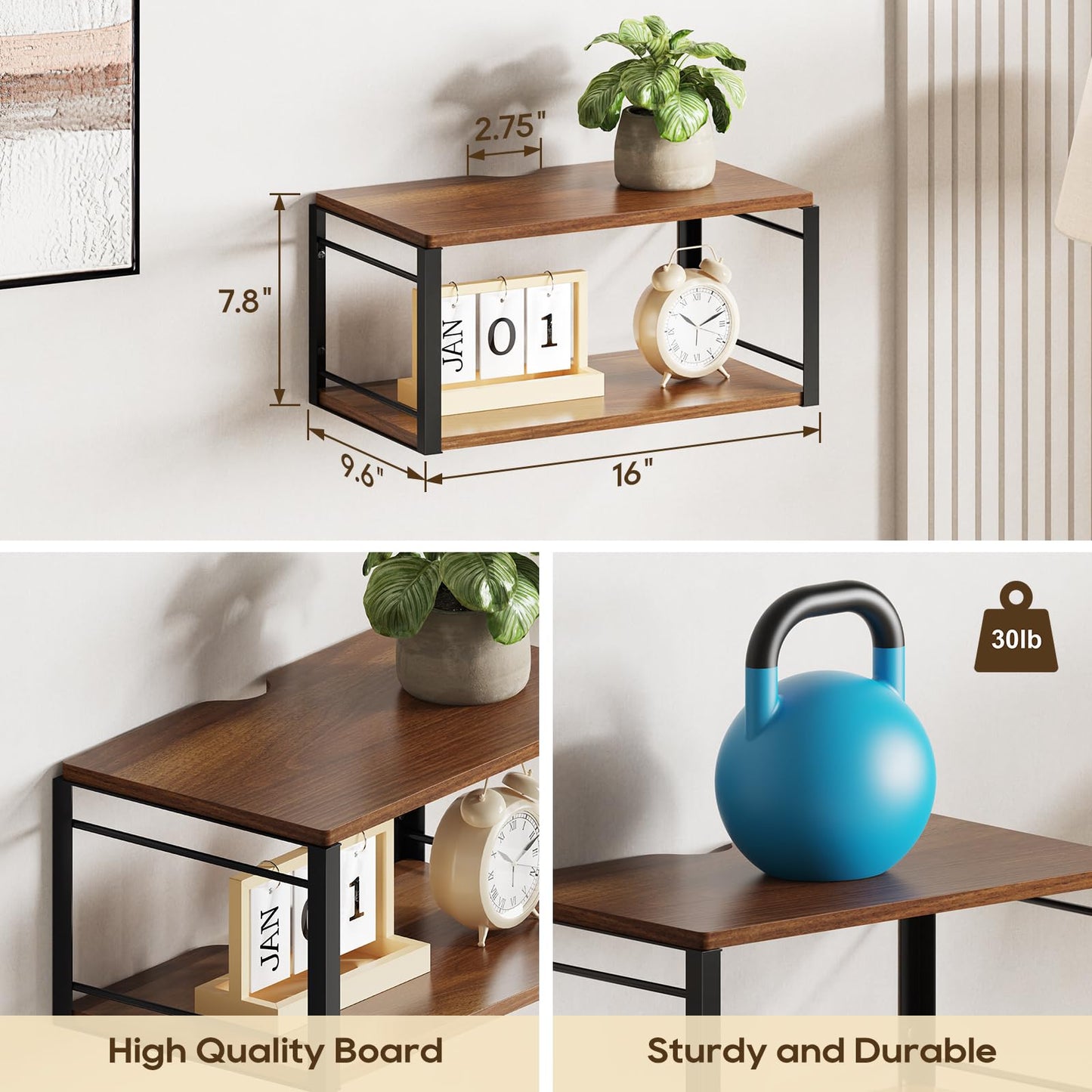NANAGIFTREE Floating Nightstand Wall Shelf, Wood Bedside Shelf Wall Mounted Nightstand Set of 2, Floating Bedside Table for Bedroom, Living Room, Bathroom, Kitchen, Office (Vintage Brown)