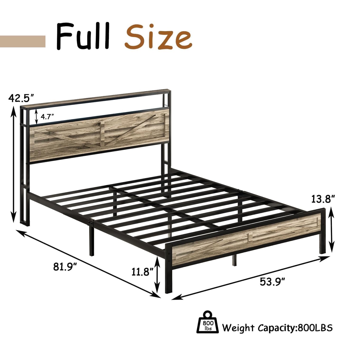 Full Size Bed Frame with LED Lights and Charging Station, Metal Platform Bed Frame Full with Storage and Rustic Barn Door Headboard, Noise Free, No Box Spring Needed, Easy Assembly, Wash Grey