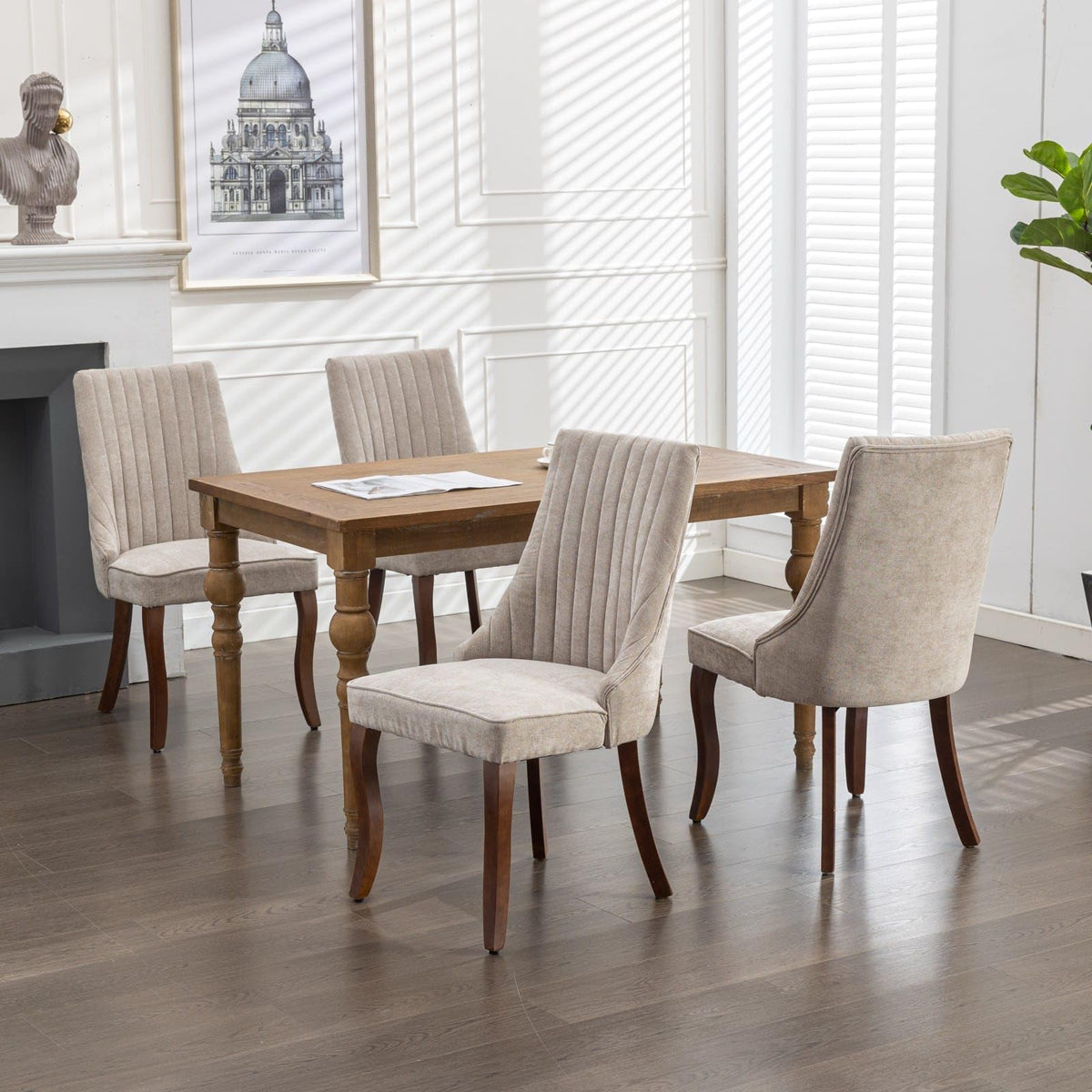 BEIDOR Dining Chairs Set of 6,Comfy Fabric Upholstered Accent Chairs for Kitchen Living Room,Channel Tufted Dining Room Chairs with Curved Solid Wood Legs(Beige)
